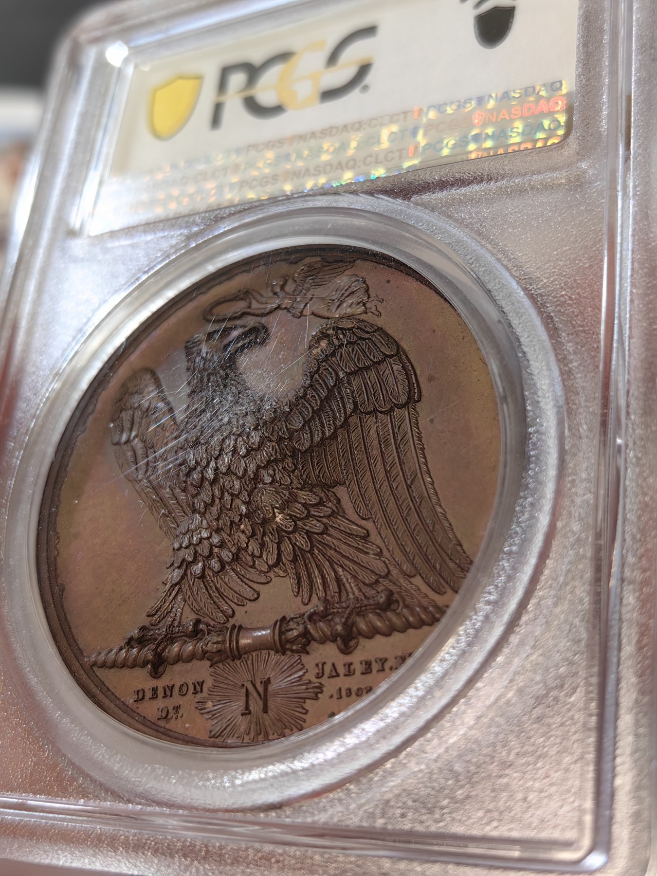 橡树集藏-006场 海纳百川 pcgs-sp66 拿破仑 1807 胜利纪念铜章，原铸，顶级五彩，背面雄鹰被冠以“胜利之冠”，肖像由ANDRLEU雕刻 ，加厚盒。