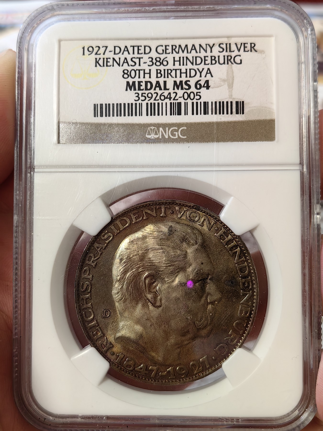橡树集藏-006场 海纳百川 ngc-ms64 1927年德国银章 兴登堡80大寿纪念 老盒 卡尔哥茨经典品种 双面浓郁重彩包浆 底板浮雕都很好 低评严重