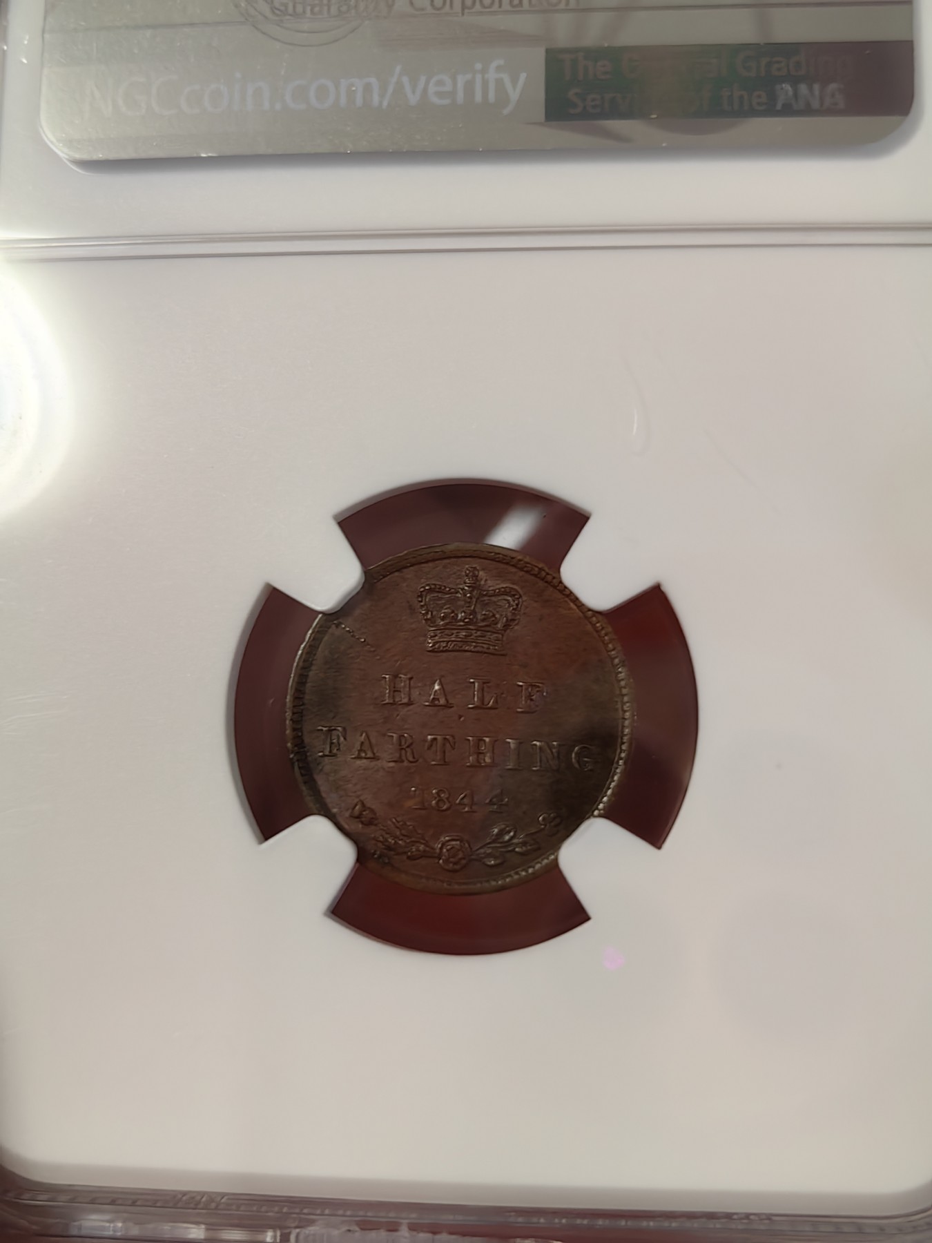 橡树集藏-006场 海纳百川 NGC-MS61 英国1844年1/2法新，整体包浆均匀，底板仍有车轮转光，观感好，一枚不错的英系辅币