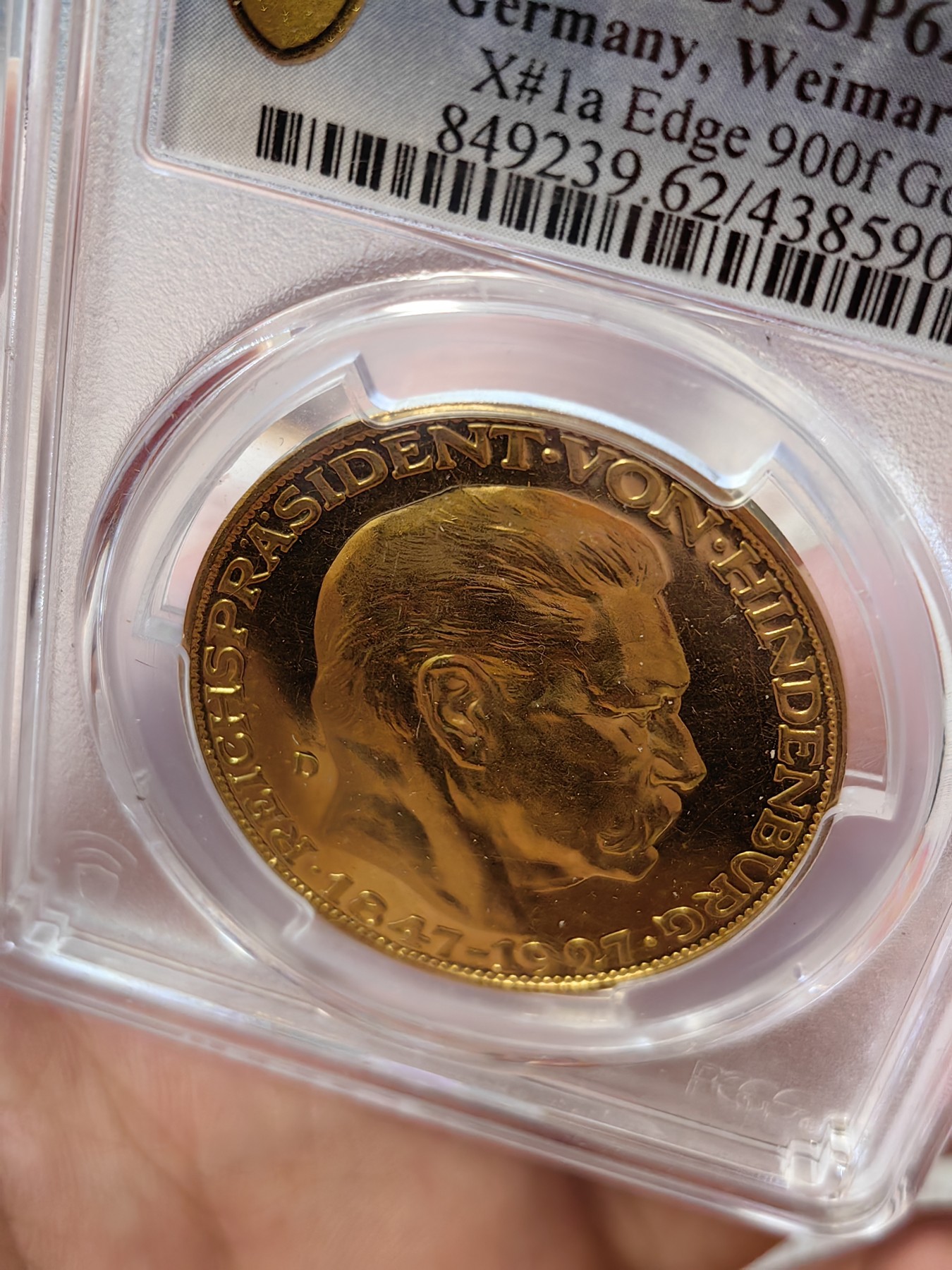 橡树集藏-006场 海纳百川 Pcgs-Sp62 1927年兴登堡大寿5马克型金样 少见卡尔歌茨版大名誉品种 大尺寸黄金制品  实物震撼 镜面绝美
