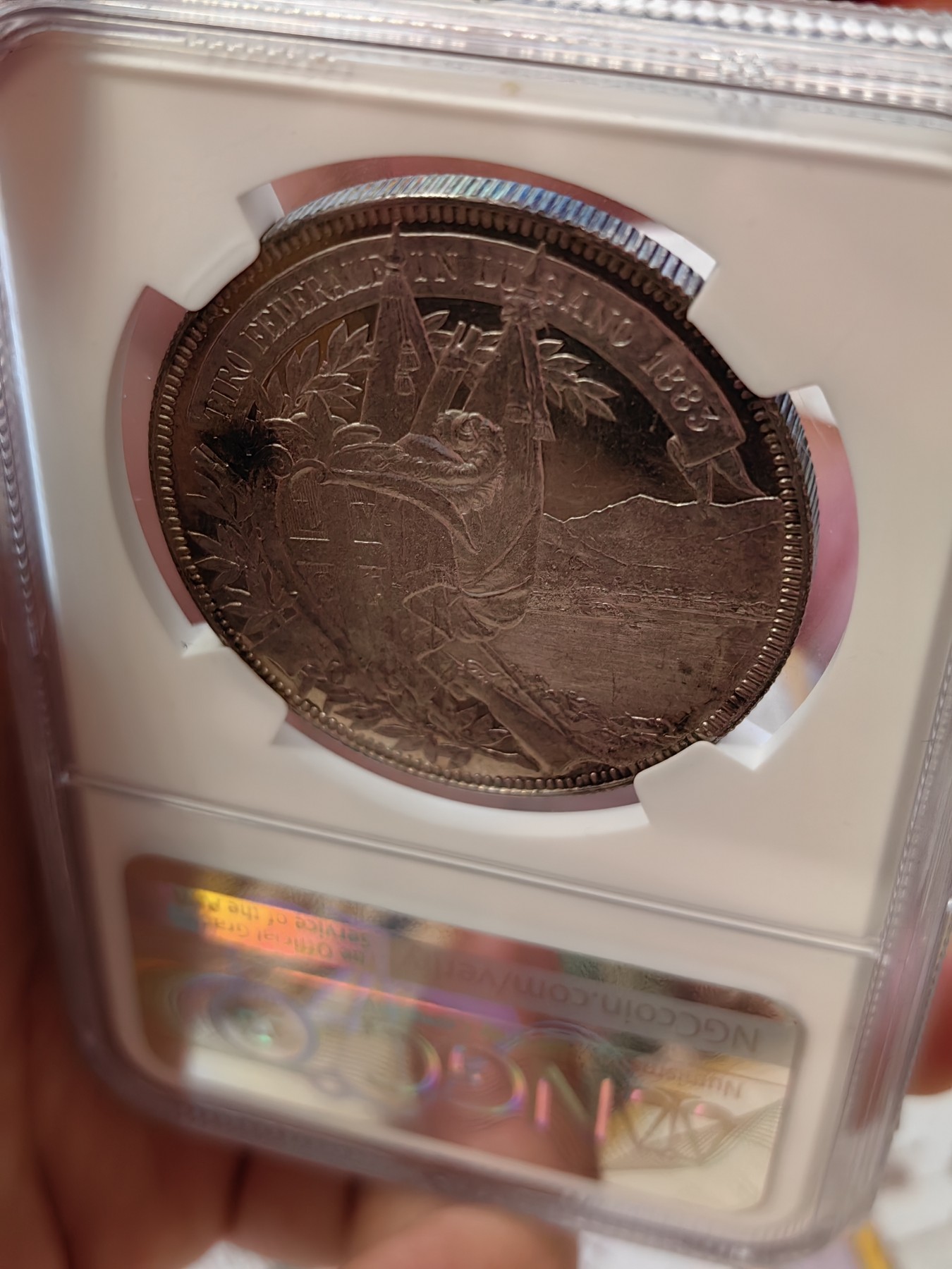 橡树集藏-006场 海纳百川 ngc-ms64pl 1883年瑞士卢加诺射击节5法郎大银币 pl唯一评级  极其罕见的prooflike射击节 实物绝美 令人惊叹