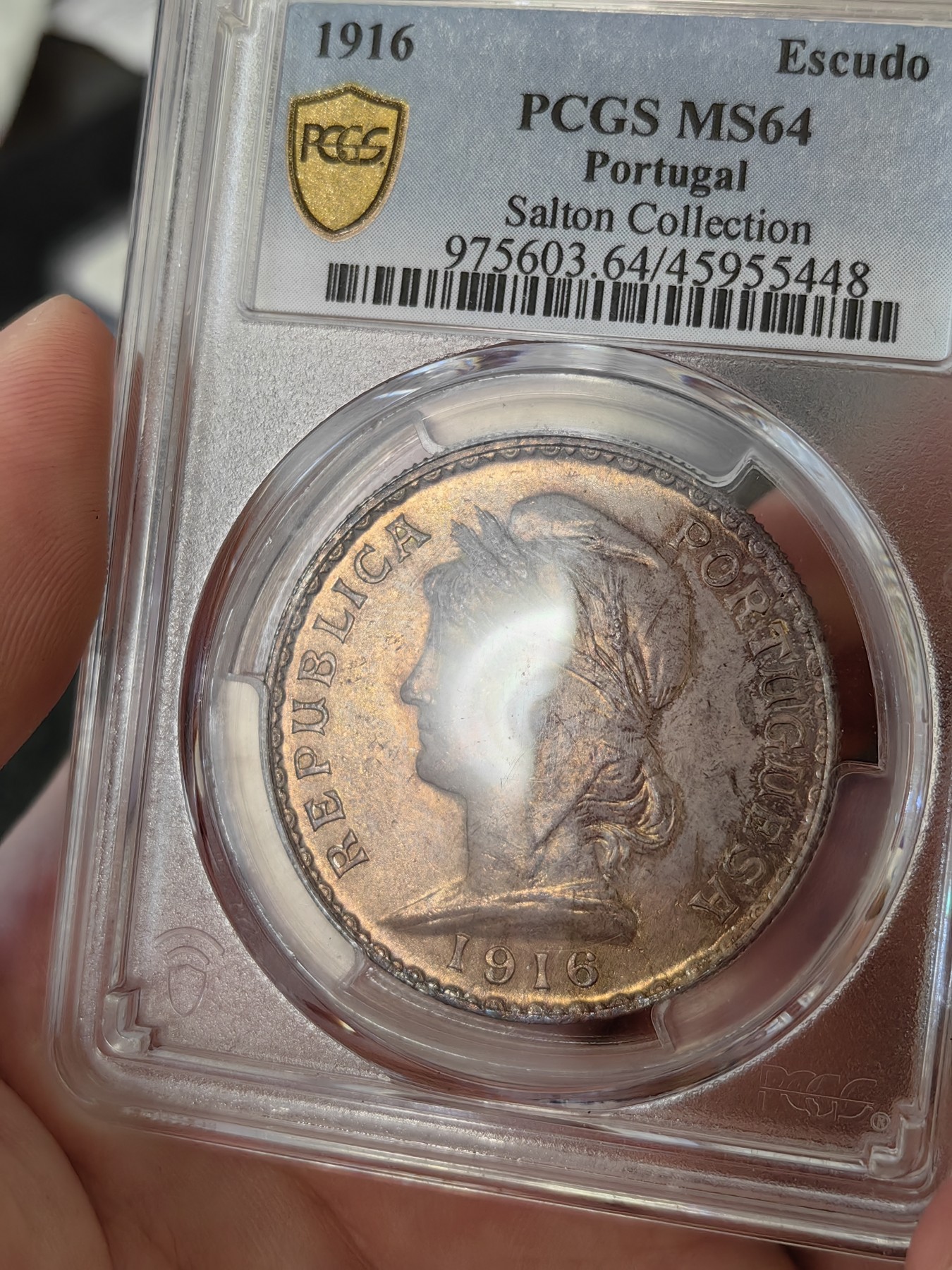 橡树集藏-006场 海纳百川 pcgs-Ms64 1916年葡萄牙埃斯库多大银币，谷物女神。数据库亚军分，仅仅一枚64+更高。官网广告币，双面顶级欧陆老彩浆，实物绝美。Salton Collection，名家旧藏。欧陆女神大银币，热门潜力股。