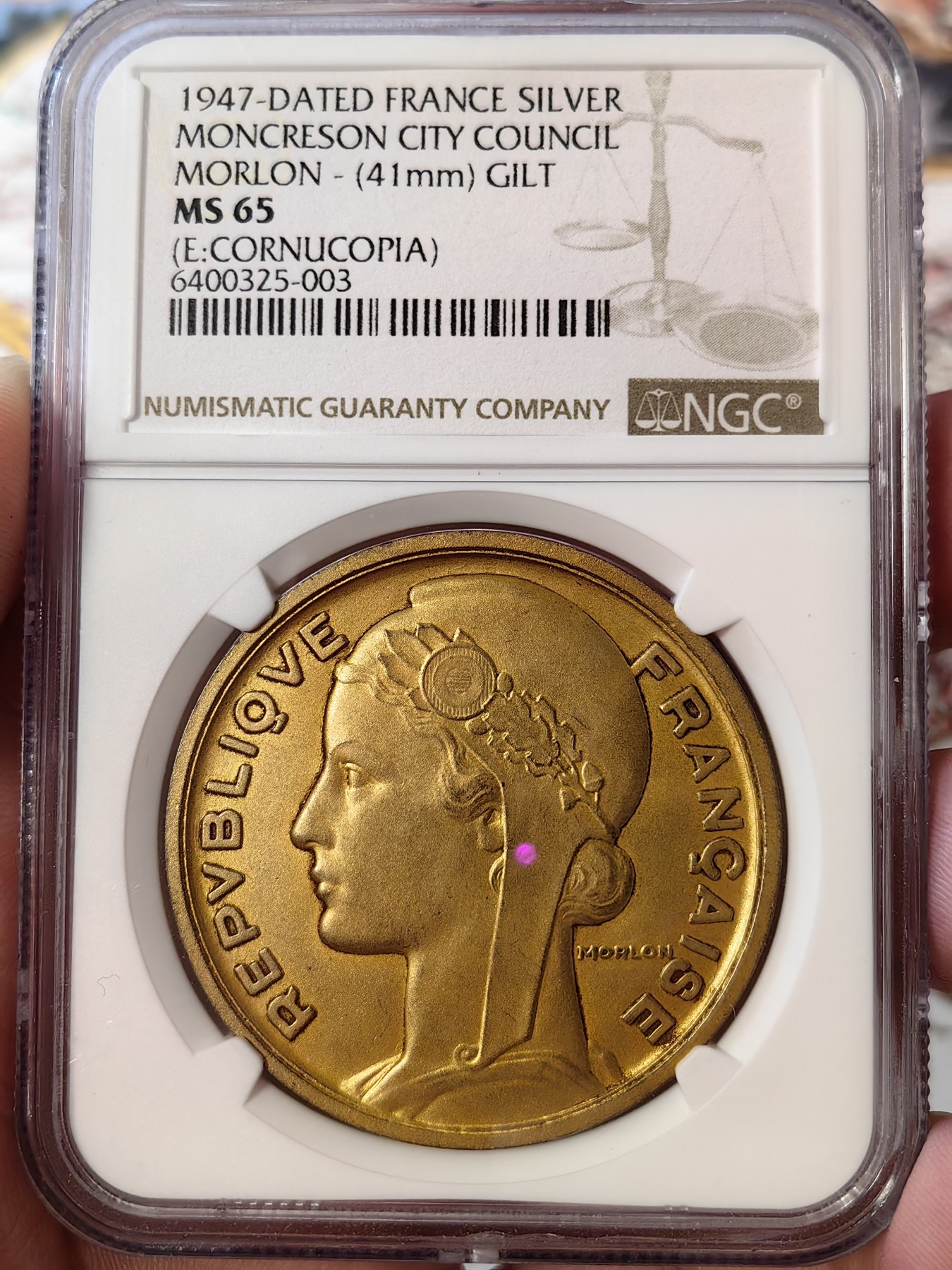橡树集藏-006场 海纳百川 ngc-Ms65 1947年法国梦珂雷森市议会议员银章 摩龙经典设计 自由帽玛丽安娜 加厚大尺寸 镀金层底板高点皆完美 实物绝美 绝对低评 冠军分自藏好品
