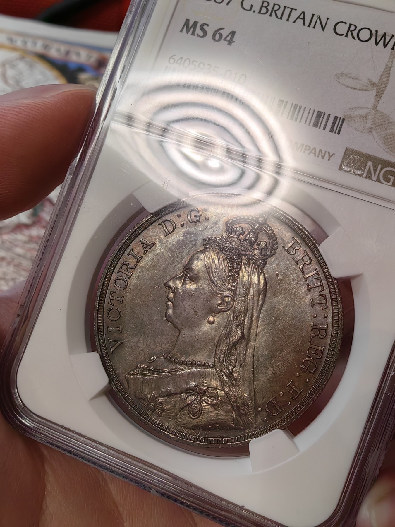 橡树集藏-006场 海纳百川 ngc-Ms64 1887年英国维多利亚高冠马剑克朗 双面通体均匀黑彩浓郁包浆 打制底板一流 实物绝美 裸币送评 高分不易 大热门品种