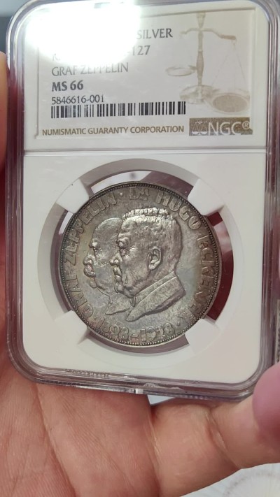 橡树集藏-006场 海纳百川 NGC-ms66 ,1928 齐柏林爵士纪念银章，顶级高分，镜面五彩。