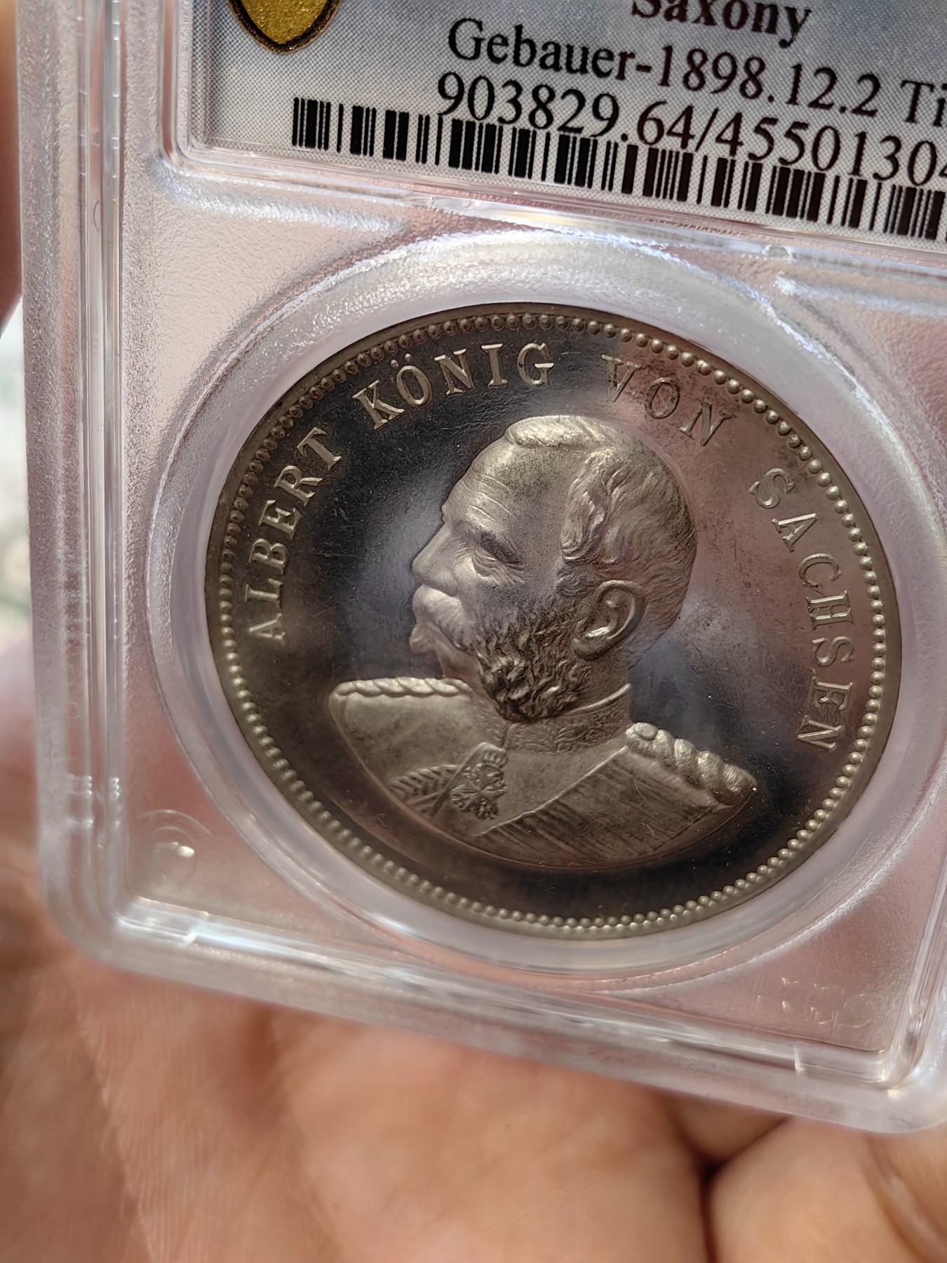 橡树集藏-006场 海纳百川 pcgs-sp64 1898年德国萨克森阿尔伯特纪念章  pc唯一冠军分 顶级镜面 高浮雕加厚盒