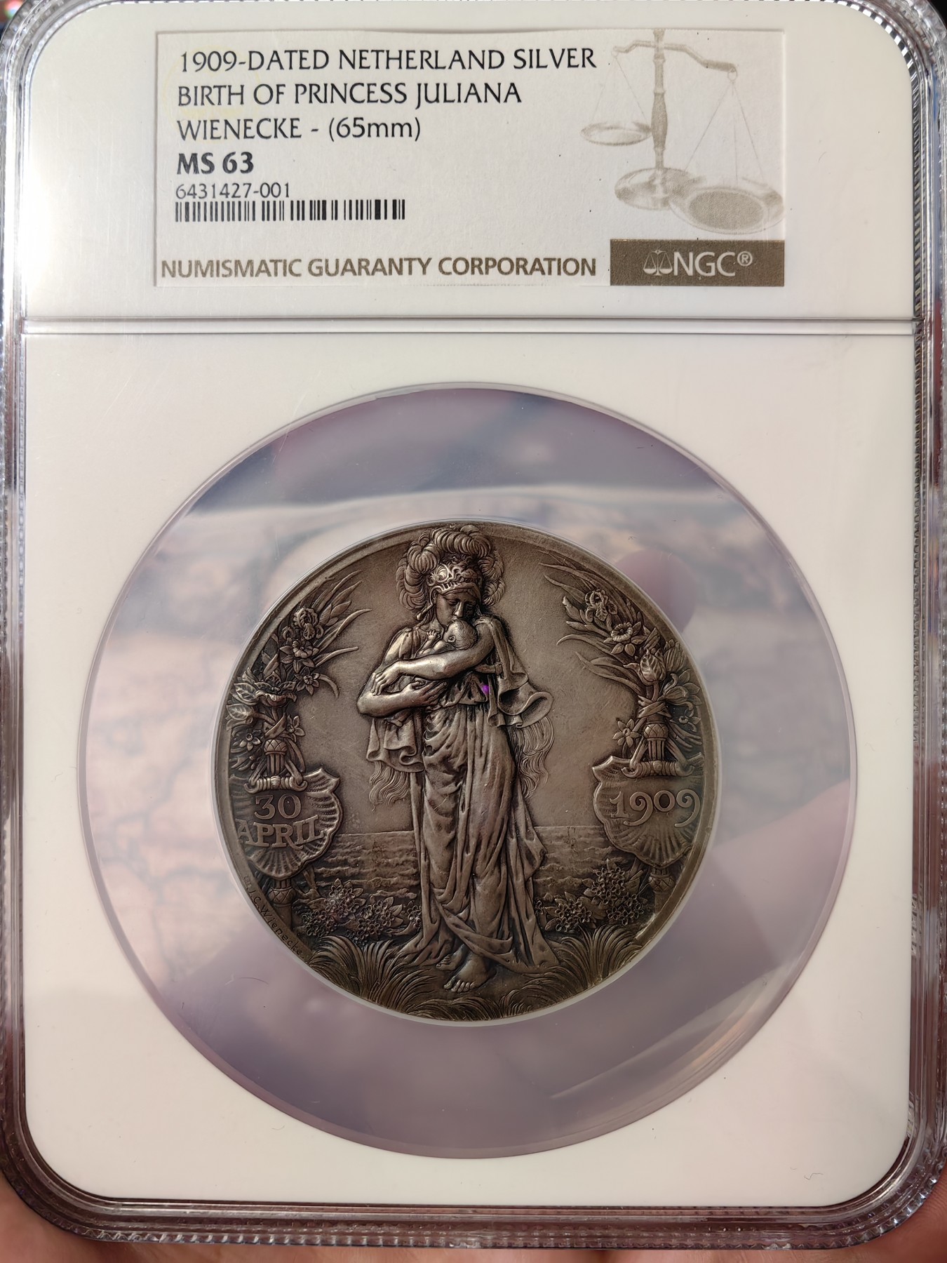 橡树集藏-006场 海纳百川 NGC MS63 1909年荷兰朱莉安娜公主诞生纪念大银章，发行量400枚，荷兰王室经典名章 现在好品相的越来越难见到！！！