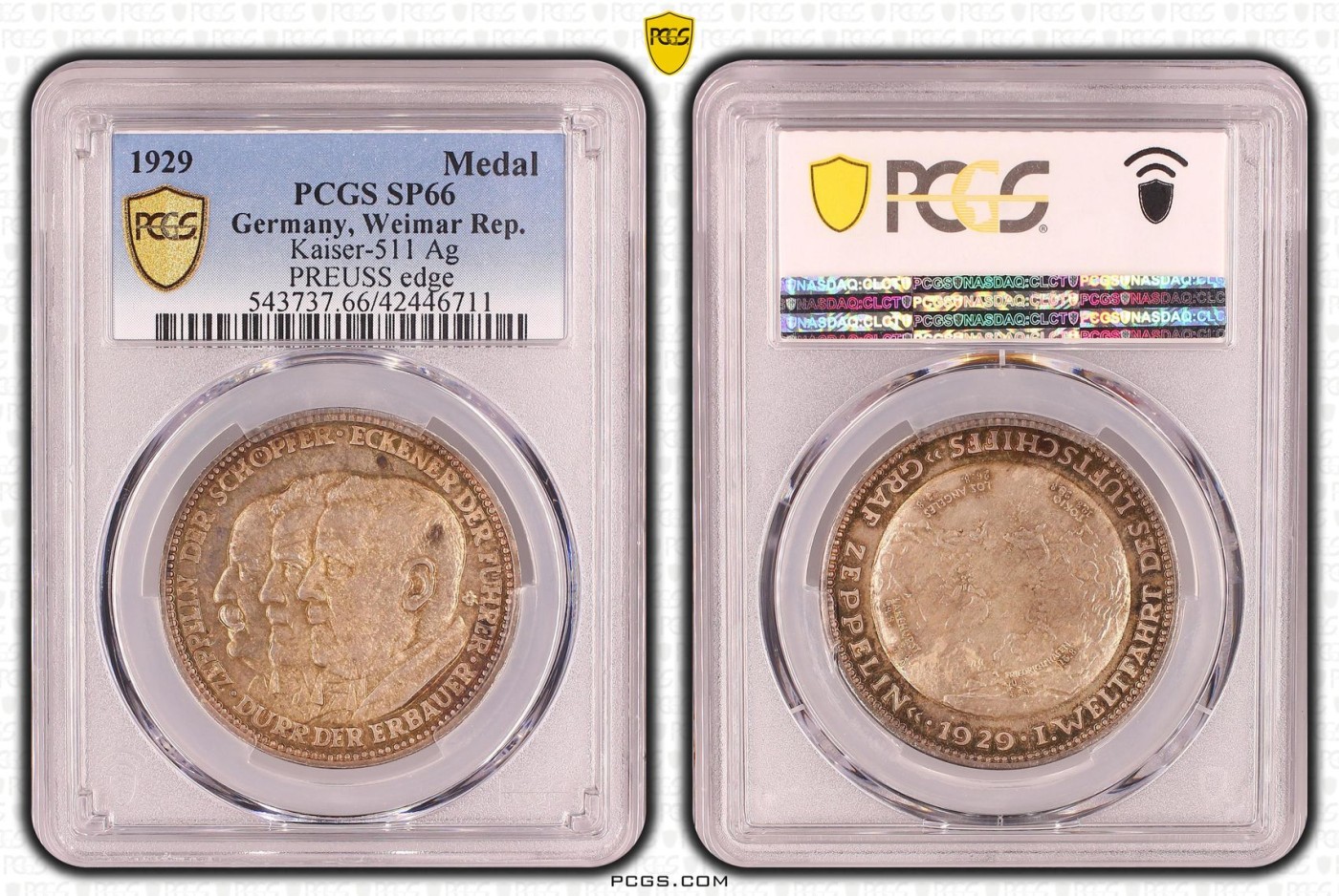 橡树集藏-006场 海纳百川 pcgs-sp66 (Kaiser-511、加字版),魏玛共和国1929，齐拍林飞艇环游世界纪念银章，顶级高分，五彩镜面，背面为标注“洛杉矶”“东京”等地名的高浮雕地球图案。