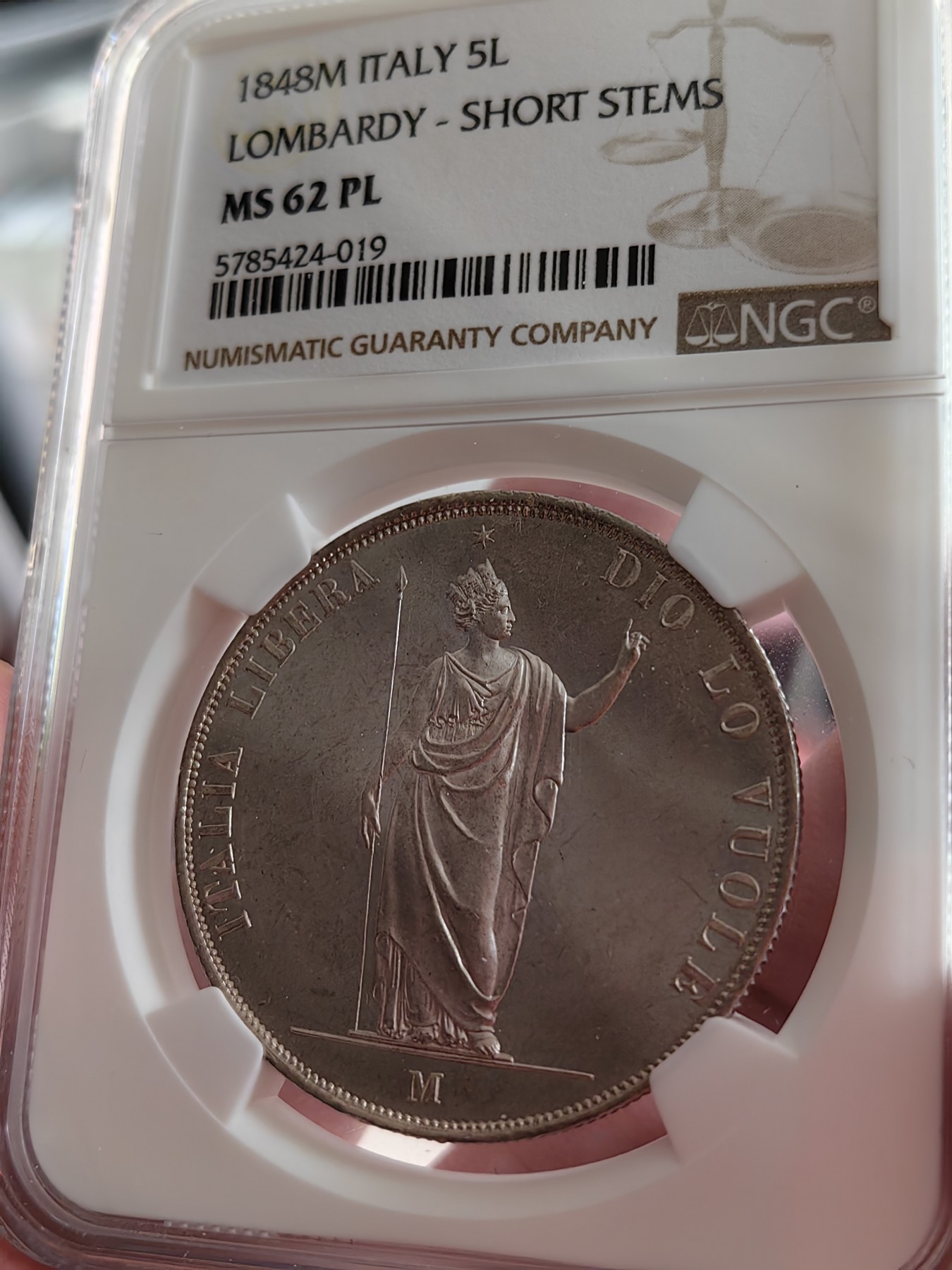 橡树集藏-006场 海纳百川 NGC-MS62pl 1848年意大利伦巴第5里拉，pcgs和ngc一共220个评级记录中唯一评到PL的一枚，唯一冠军分，可遇不可求 。实物精彩炫目，pl的魅力真是一绝。上帝呼唤自由之意大利，设计绝佳，单年版。