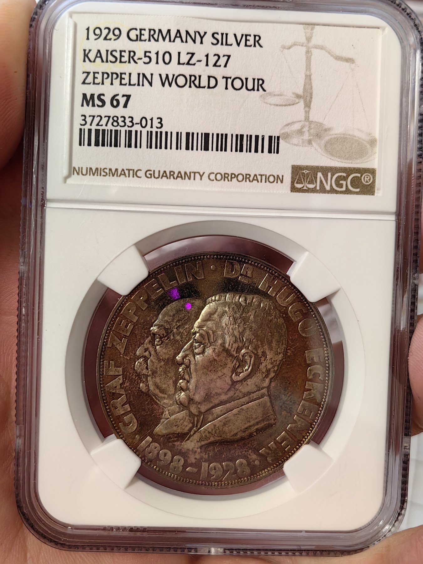 橡树集藏-006场 海纳百川 NGC-ms67 1929 齐柏林飞艇环游世界纪念银章，超顶级高分，镜面五彩。