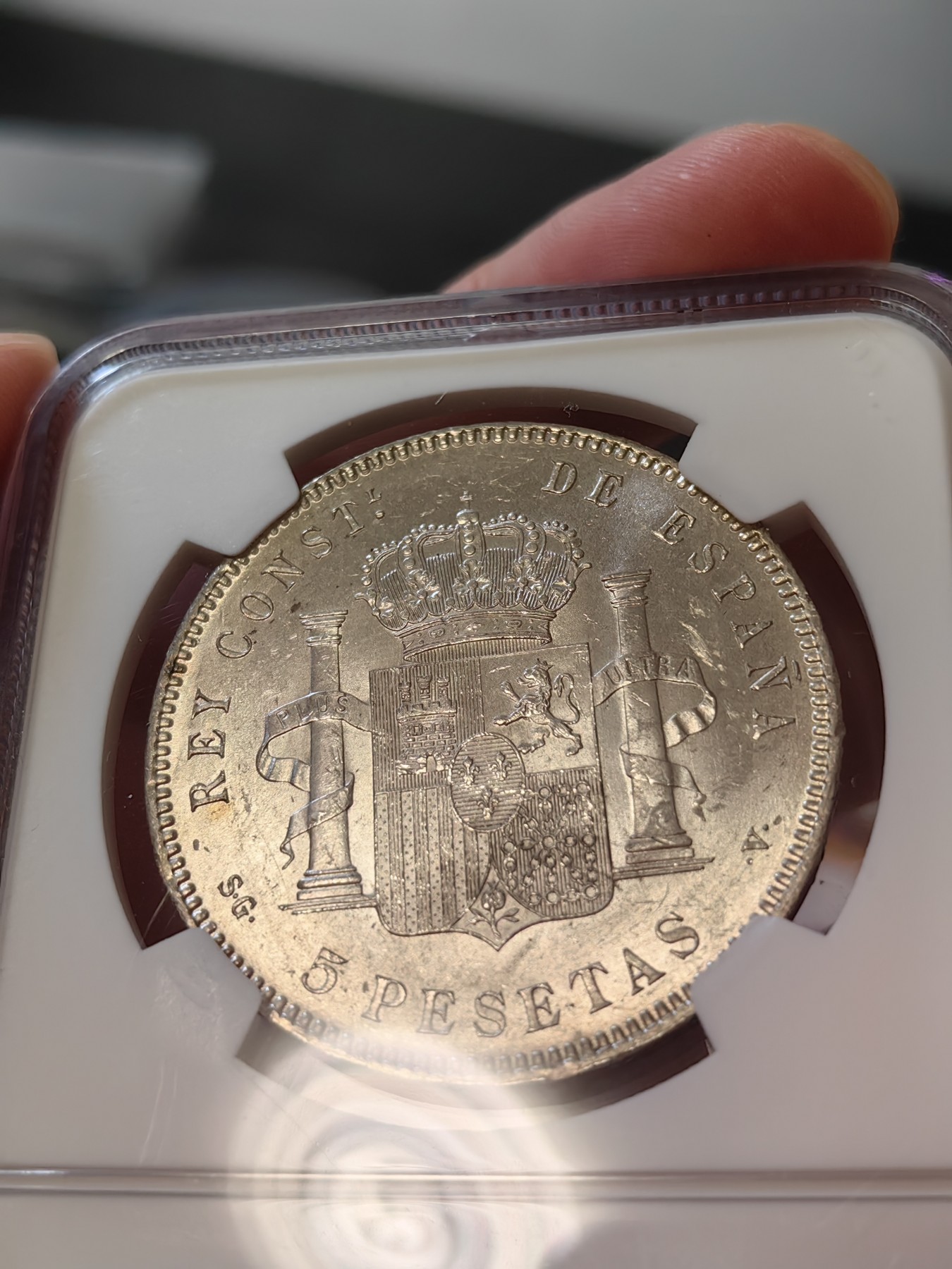 橡树集藏-006场 海纳百川 ngc-MS63 1898年西班牙5比塞塔大银币 经典的可爱男童 王冠双柱 原银强霜光 