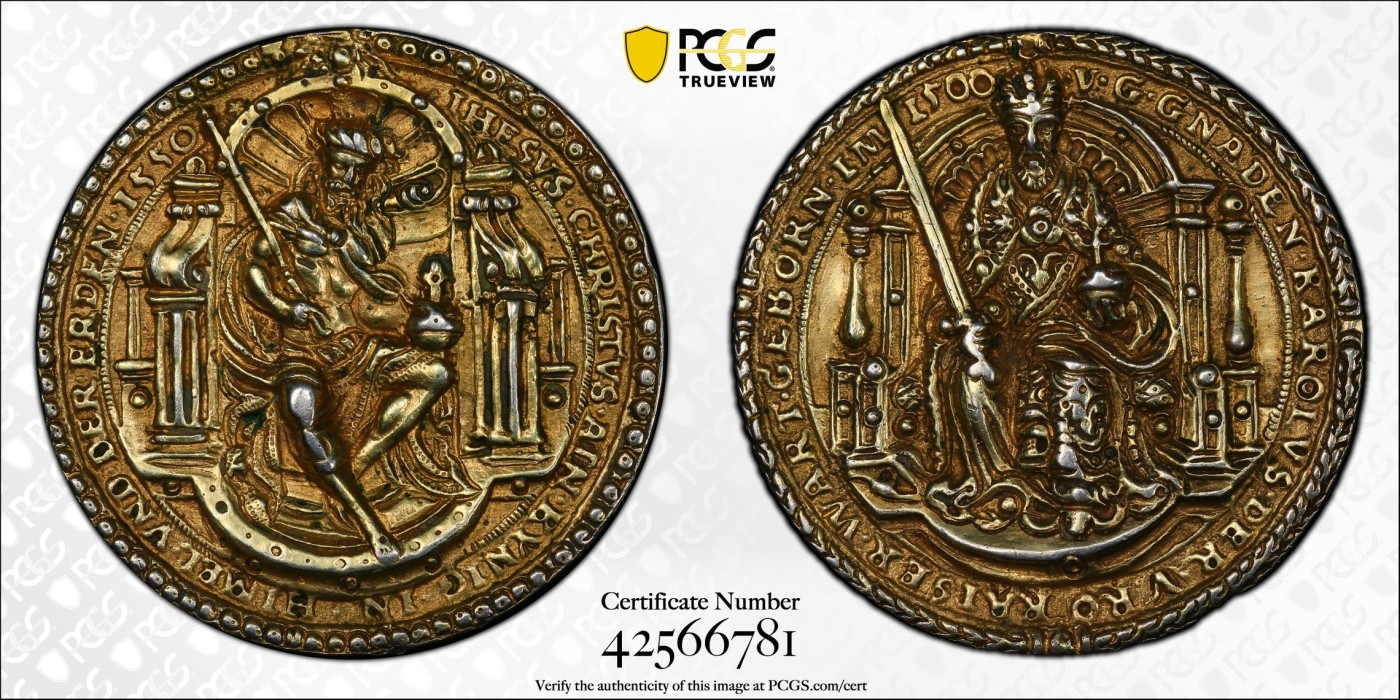 橡树集藏-006场 海纳百川 pcgs-sp genniue 1550年神圣罗马帝国银章 查理五世（西班牙查理一世）/耶稣基督铸造镀金银质奖章  正面：耶稣基督，身穿长袍，坐在华丽宝座的右侧，手持剑和宝珠。背面：查理，身着长袍，披着斗篷，头戴王冠，面朝华丽的王座而坐，手持宝剑和宝珠。为了强化君权神授的理念。四百多年的历史文物章，老精稀可遇不可求。高浮雕加厚盒。