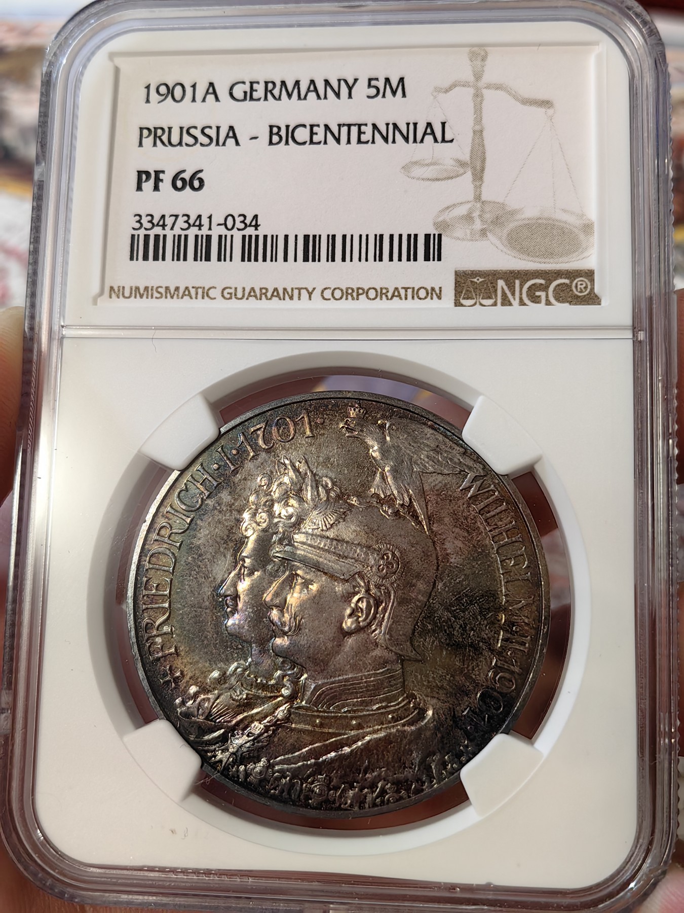 橡树集藏-006场 海纳百川 ngc-pf66 1901年普鲁士精制建国5马克，冠军分。铸造量稀少，顶级品。梦幻五彩，双面彩虹。实物美得一塌糊涂。状态为王，此枚无敌。