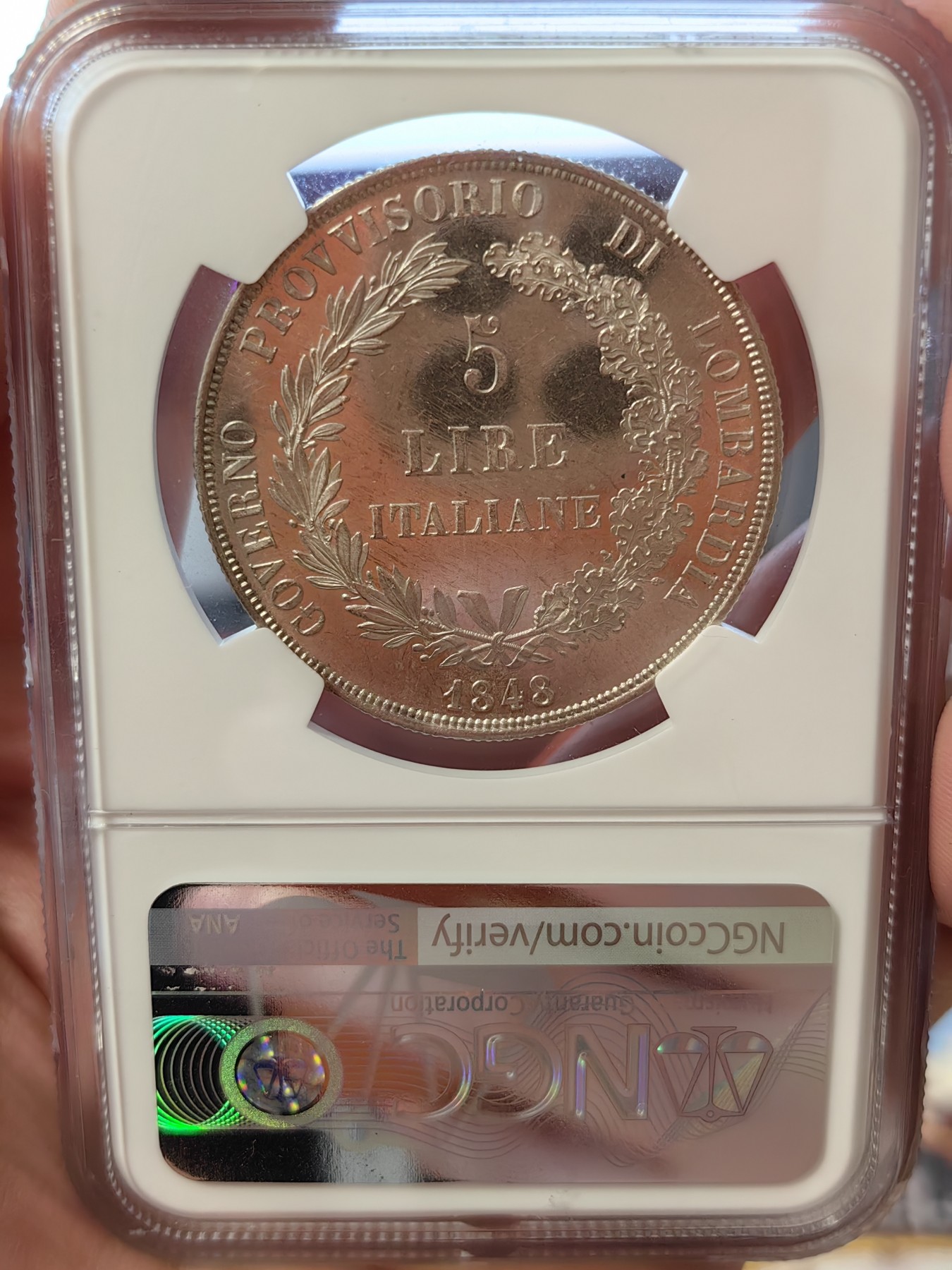 橡树集藏-006场 海纳百川 NGC-MS62pl 1848年意大利伦巴第5里拉，pcgs和ngc一共220个评级记录中唯一评到PL的一枚，唯一冠军分，可遇不可求 。实物精彩炫目，pl的魅力真是一绝。上帝呼唤自由之意大利，设计绝佳，单年版。
