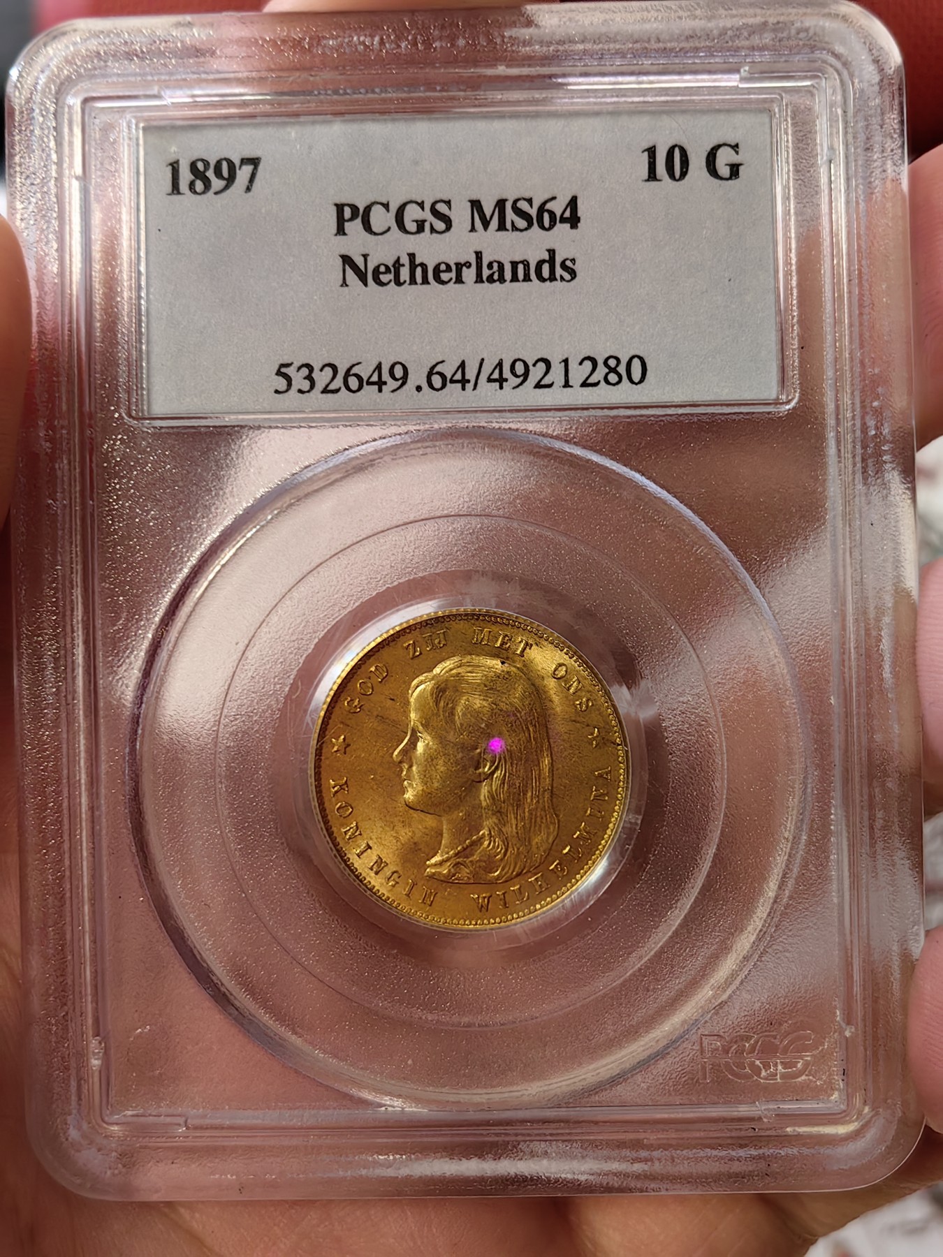 橡树集藏-006场 海纳百川 pcgs-ms64 1897年荷兰威廉明娜10盾金币 可爱的小萝莉 底板打制皆好 pc老盒严评 状态极佳 搏分潜力股