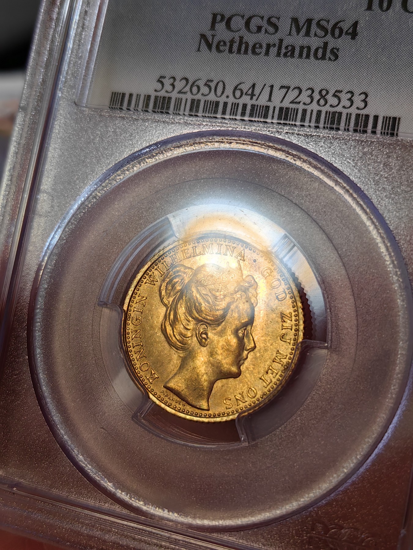 橡树集藏-006场 海纳百川 pcgs-ms64 1898年荷兰威廉明娜10盾金币 可爱的小萝莉 底板打制皆好 状态极佳  高分皇冠萝莉头 非常少见 金光四溢 自藏佳品