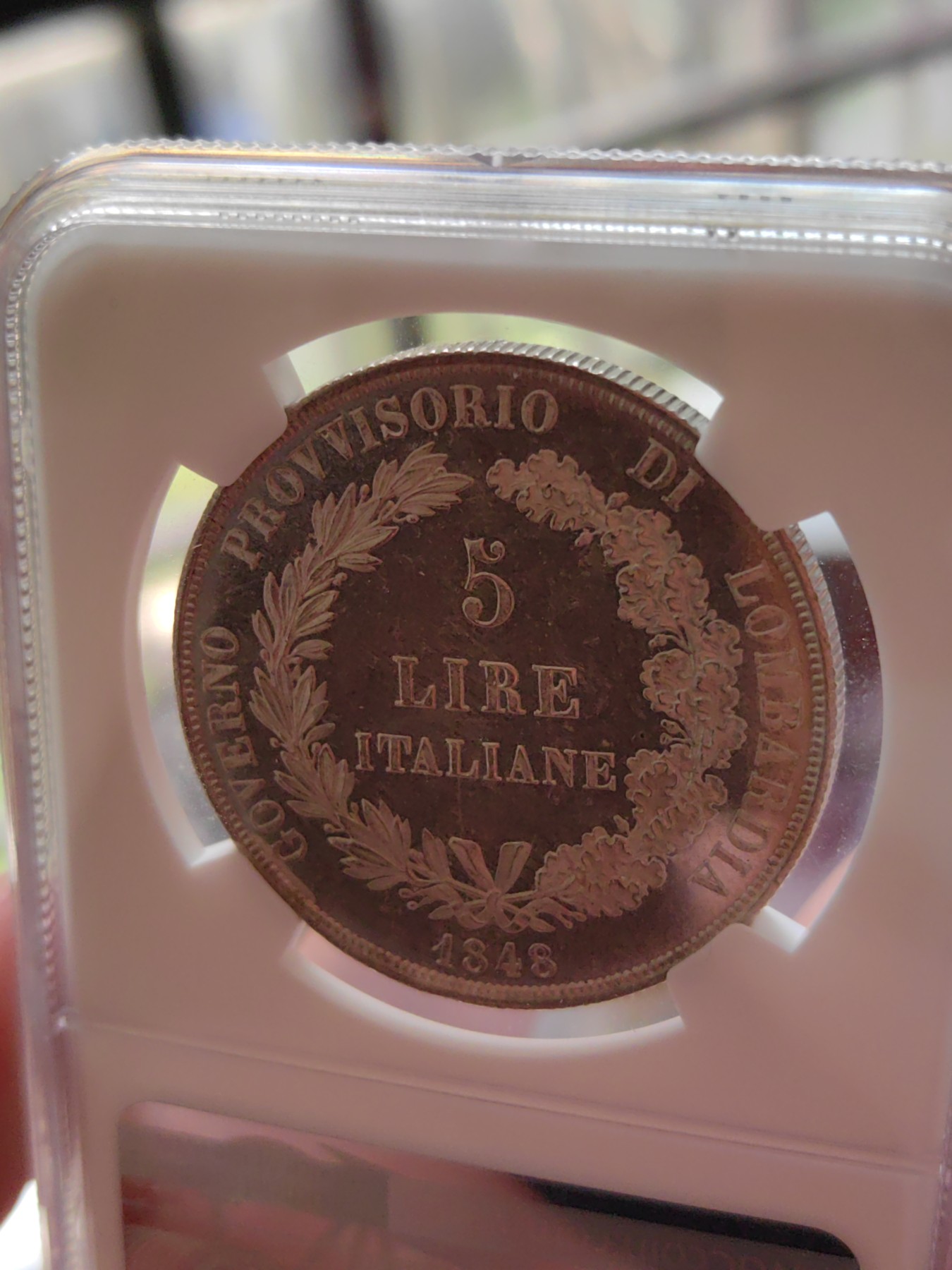 橡树集藏-006场 海纳百川 NGC-MS62pl 1848年意大利伦巴第5里拉，pcgs和ngc一共220个评级记录中唯一评到PL的一枚，唯一冠军分，可遇不可求 。实物精彩炫目，pl的魅力真是一绝。上帝呼唤自由之意大利，设计绝佳，单年版。