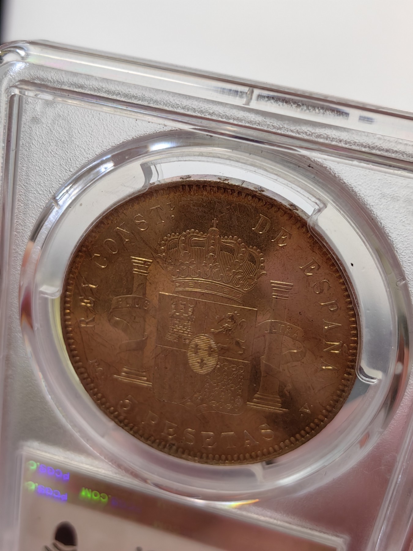 橡树集藏-006场 海纳百川 pcgs-ms63 1896年西班牙5比塞塔大银币 经典男童设计 冠军分大特年 评级量仅8枚 ms可遇不可求 双面黄油淡彩 实物pl感强烈 观感极佳