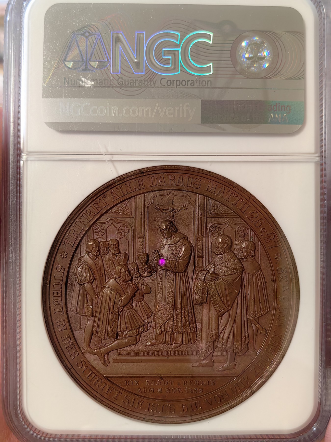 橡树集藏-006场 海纳百川 ngc-MS64BN 1839德国宗教改革300周年纪念章 巧克力包浆 超高浮雕加厚盒 雕刻细腻 背景画面感强