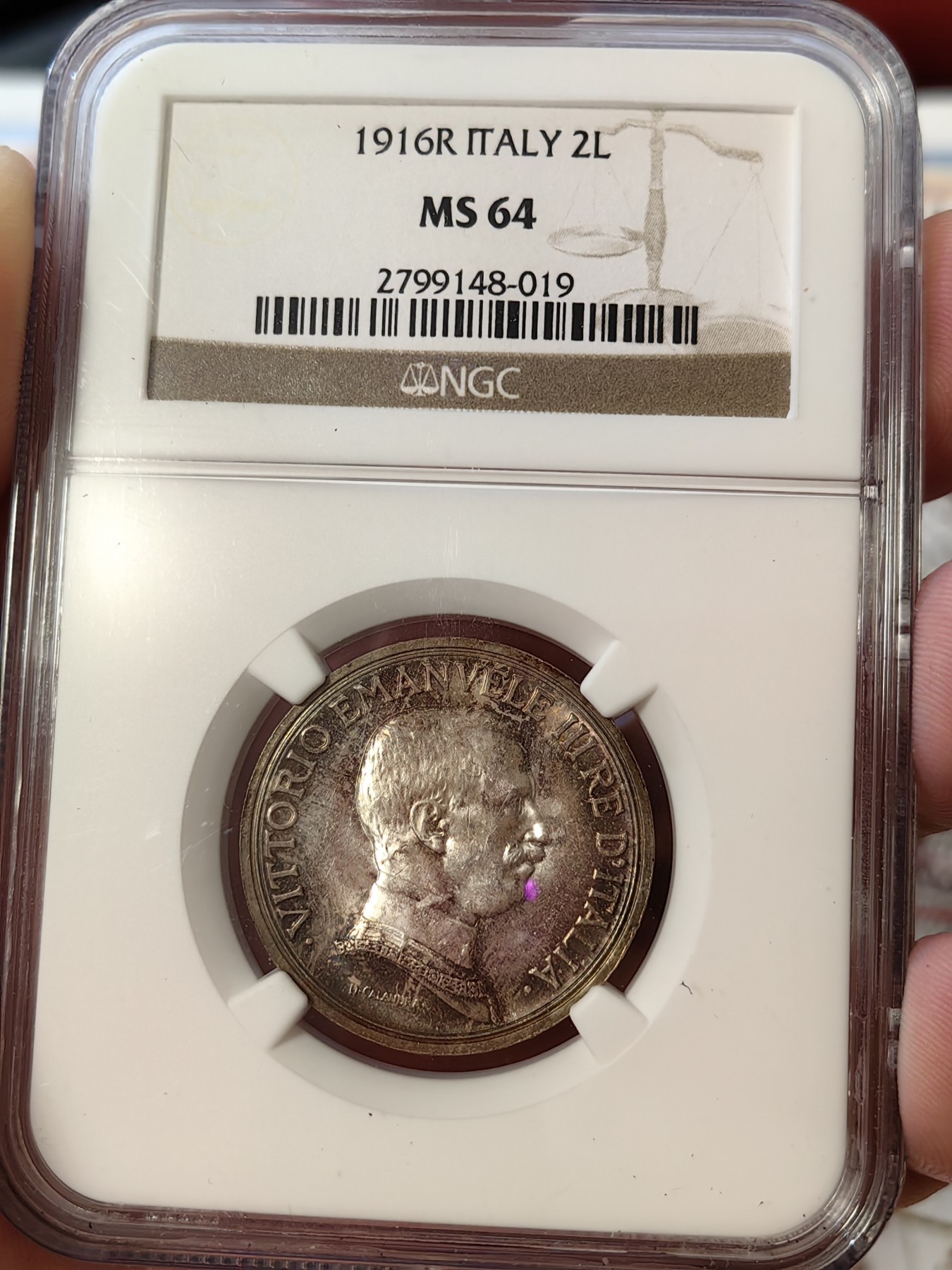 橡树集藏-006场 海纳百川 ngc-ms64 1916年意大利2里拉银币 双面浓郁地中海酱彩 所见最美 打制极佳 底板丝滑 nike女神四驾马车 经典意系设计 实物绝美 老盒严评品质佳 可堪自藏