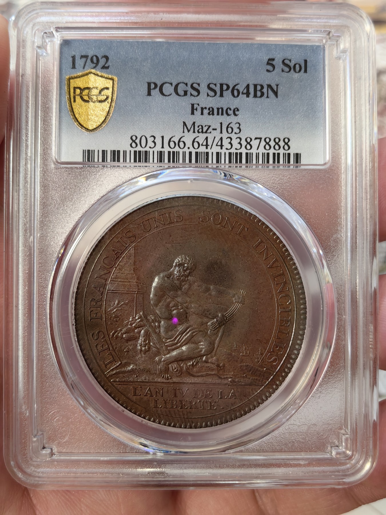 橡树集藏-006场 海纳百川 pcgs-sp64bn 1792年法国莫奈龙5索尔铜样币 设计极佳 力量感十足 冠军分 顶级品相