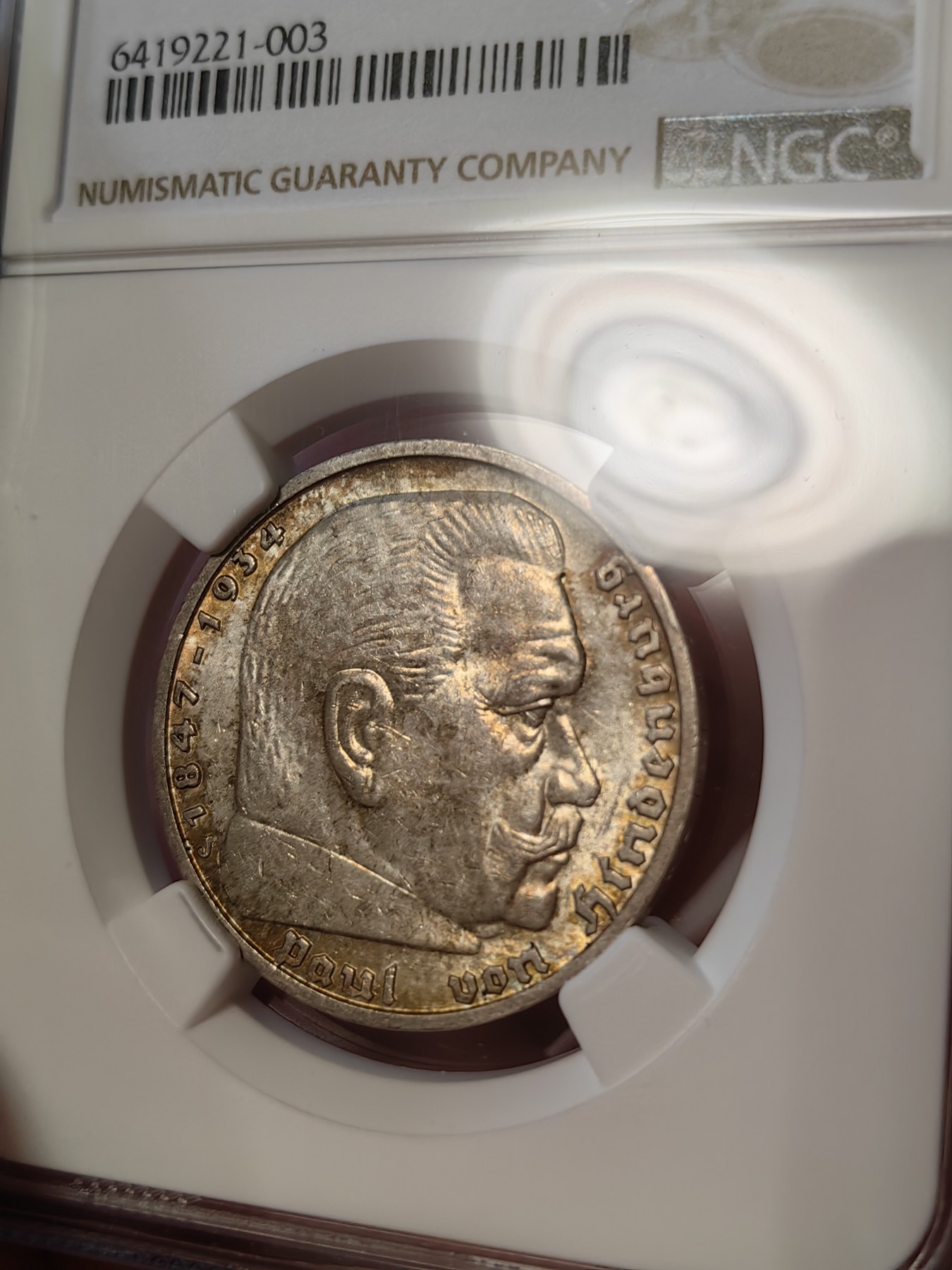 橡树集藏-006场 海纳百川 NGC-MS64 1939年 德意志第三帝国5马克 J厂 丝绸底板 超强转光 此分数为该厂别亚军分 分数状态一步到位 值得收藏