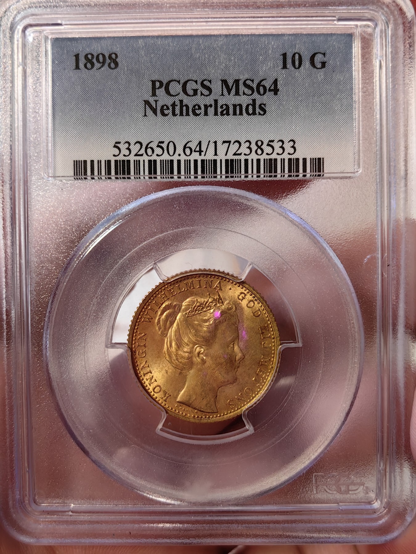 橡树集藏-006场 海纳百川 pcgs-ms64 1898年荷兰威廉明娜10盾金币 可爱的小萝莉 底板打制皆好 状态极佳  高分皇冠萝莉头 非常少见 金光四溢 自藏佳品