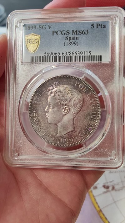 橡树集藏-006场 海纳百川 PCGS-MS63 1899年 西班牙5比塞塔大银币 经典男童设计 海格力斯双柱 通体原味虹彩包浆 车轮光 打制优异底板佳 实物非常漂亮 