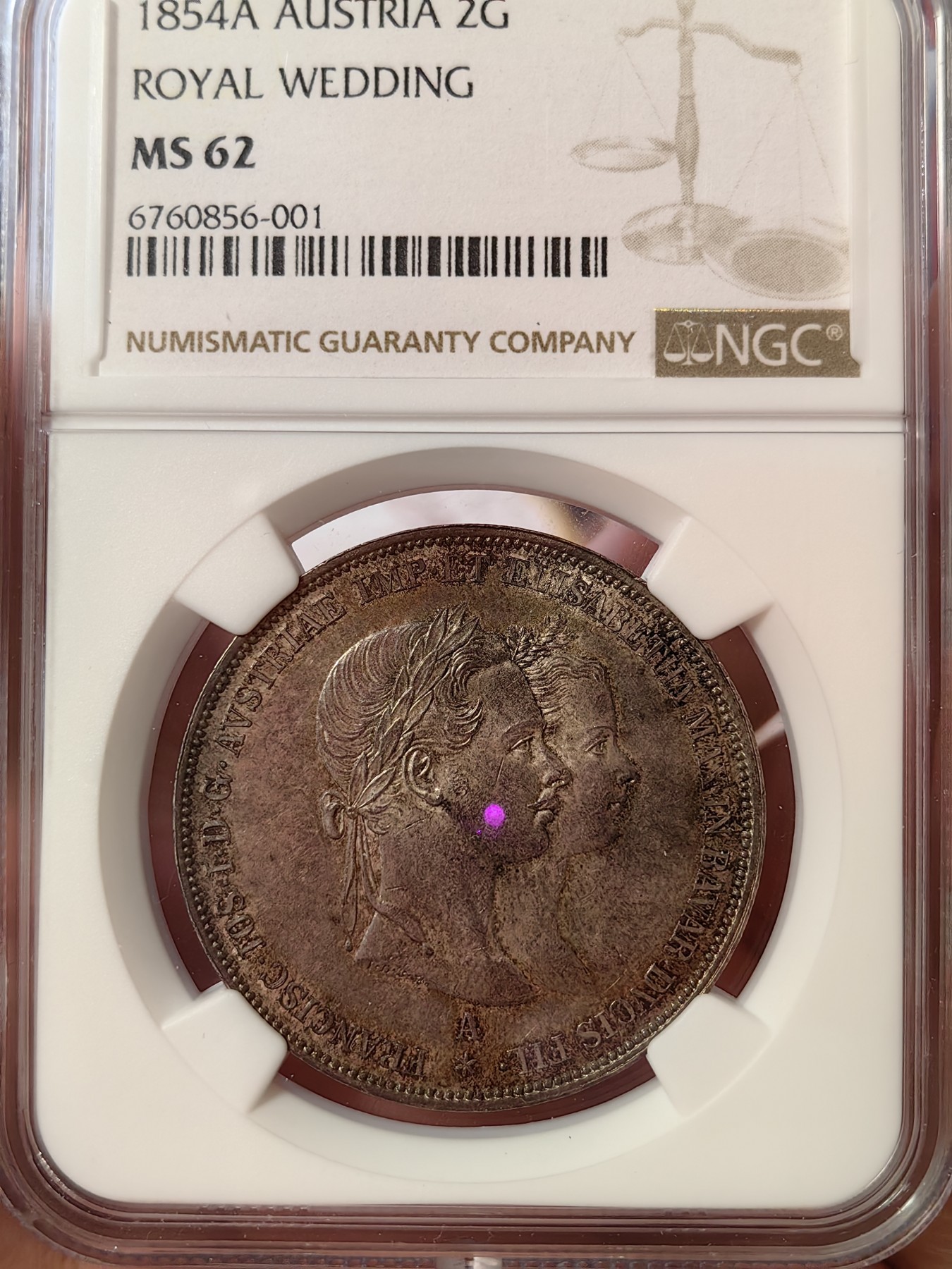 橡树集藏-006场 海纳百川 ngc-Ms62 1854年奥地利2盾大银币 茜茜结婚纪念 经典超热门品种 无需介绍 双面老包浆状态相当可以 基本已沉淀很难碰到 喜欢就拿下不要错过