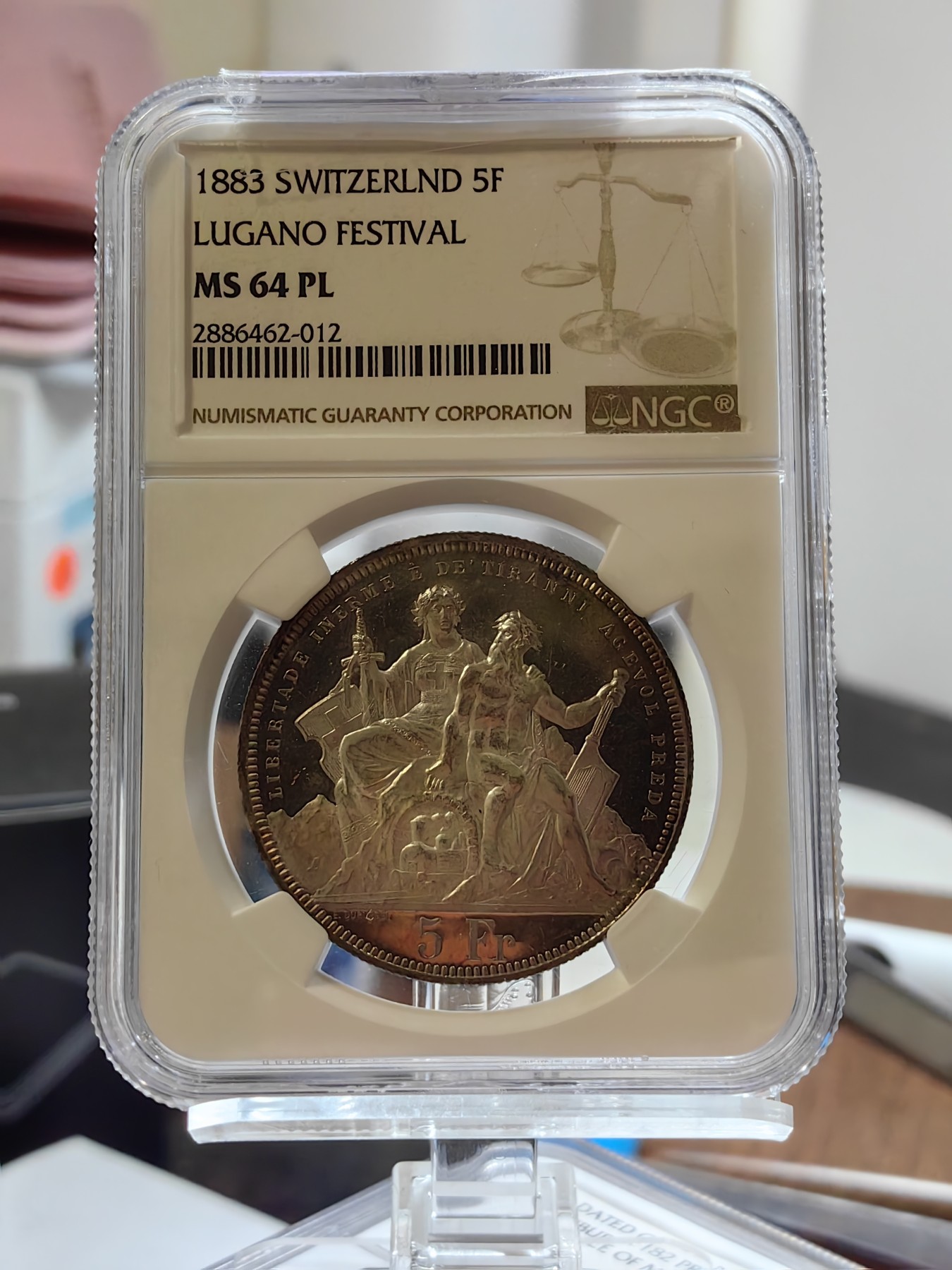 橡树集藏-006场 海纳百川 ngc-ms64pl 1883年瑞士卢加诺射击节5法郎大银币 pl唯一评级  极其罕见的prooflike射击节 实物绝美 令人惊叹