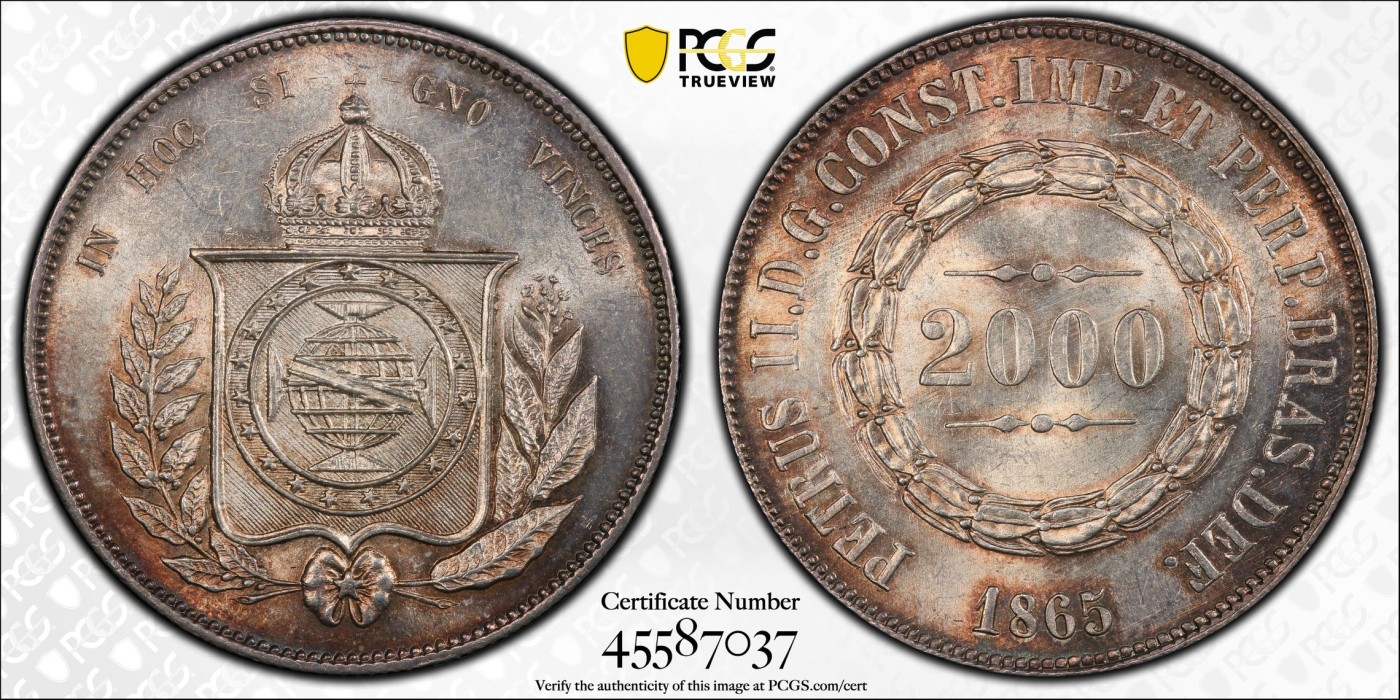 橡树集藏-006场 海纳百川 pcgs-ms62 1865年巴西2000R大银币 打制极佳 杏仁彩包浆 顶级转光 实物绝美 巴西地球 外拍大热门 