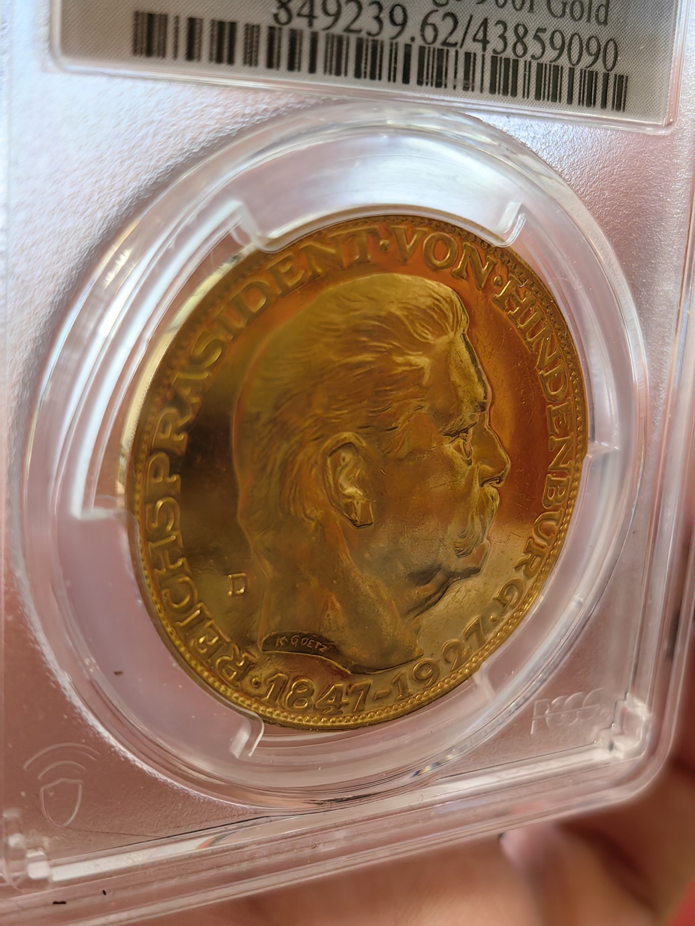 橡树集藏-006场 海纳百川 Pcgs-Sp62 1927年兴登堡大寿5马克型金样 少见卡尔歌茨版大名誉品种 大尺寸黄金制品  实物震撼 镜面绝美
