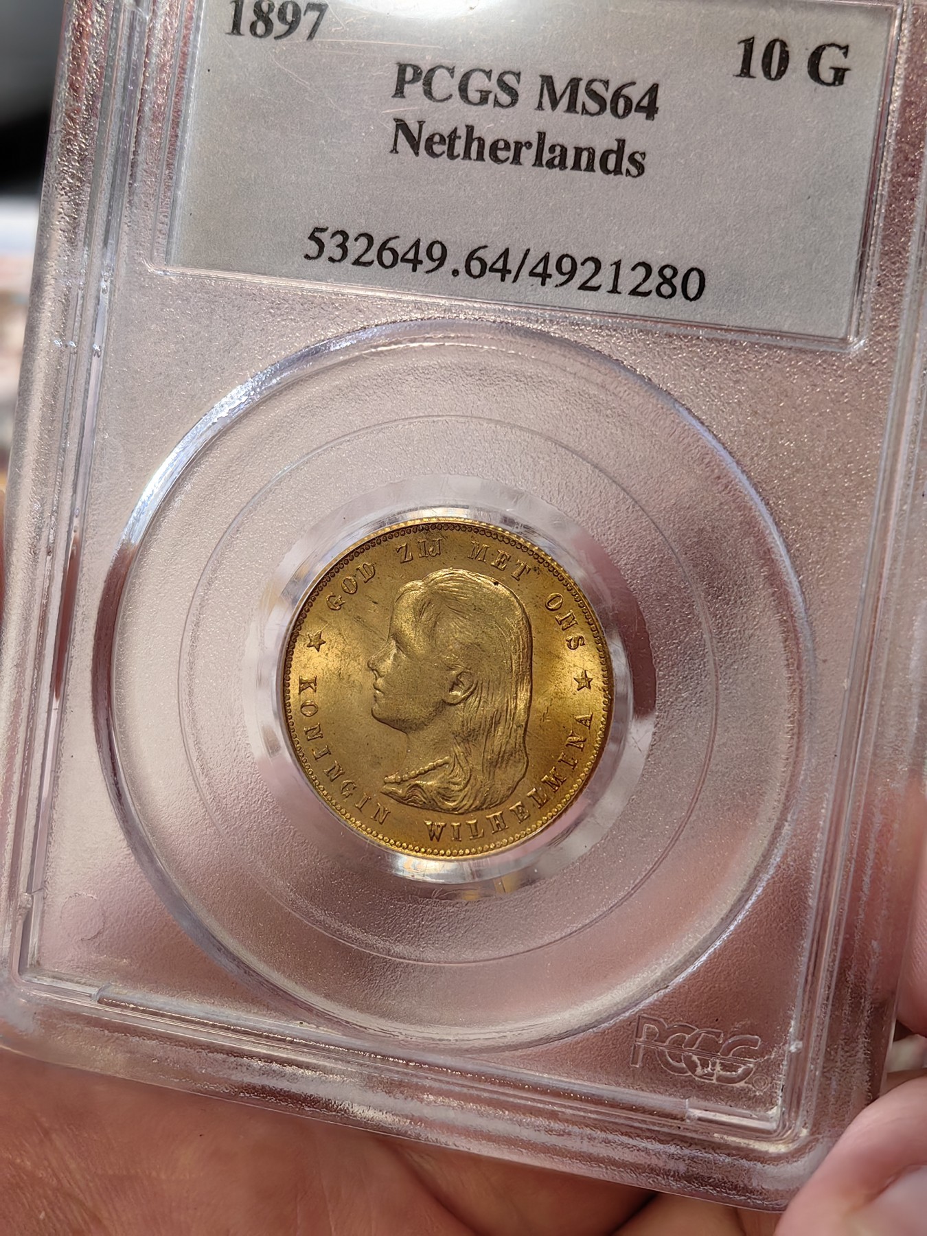 橡树集藏-006场 海纳百川 pcgs-ms64 1897年荷兰威廉明娜10盾金币 可爱的小萝莉 底板打制皆好 pc老盒严评 状态极佳 搏分潜力股
