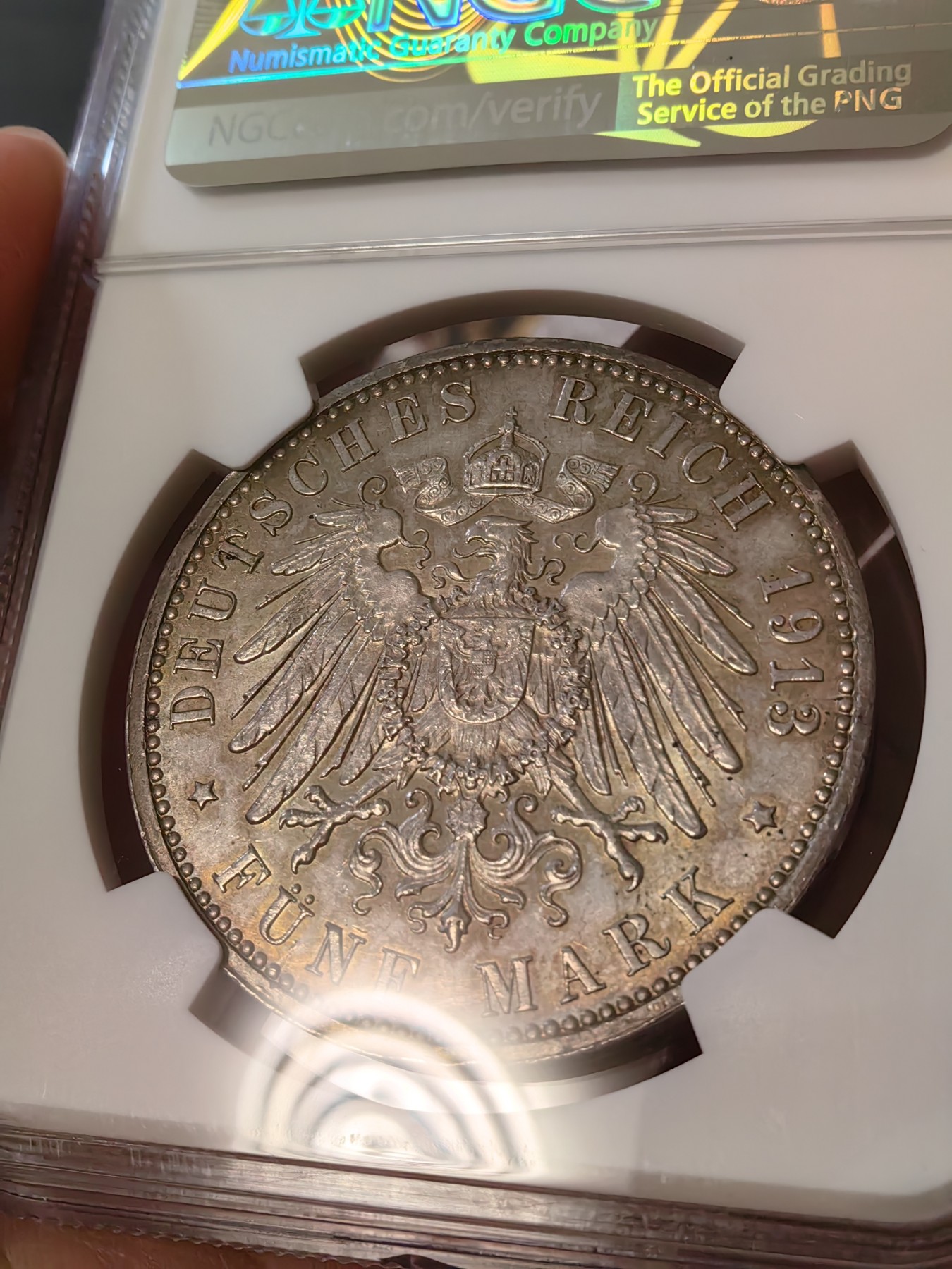 橡树集藏-006场 海纳百川 NGC-MS63 1913年 德国汉堡双狮5马克 温润五彩包浆 沁人心脾 超强底板 严评 入手典藏佳品 