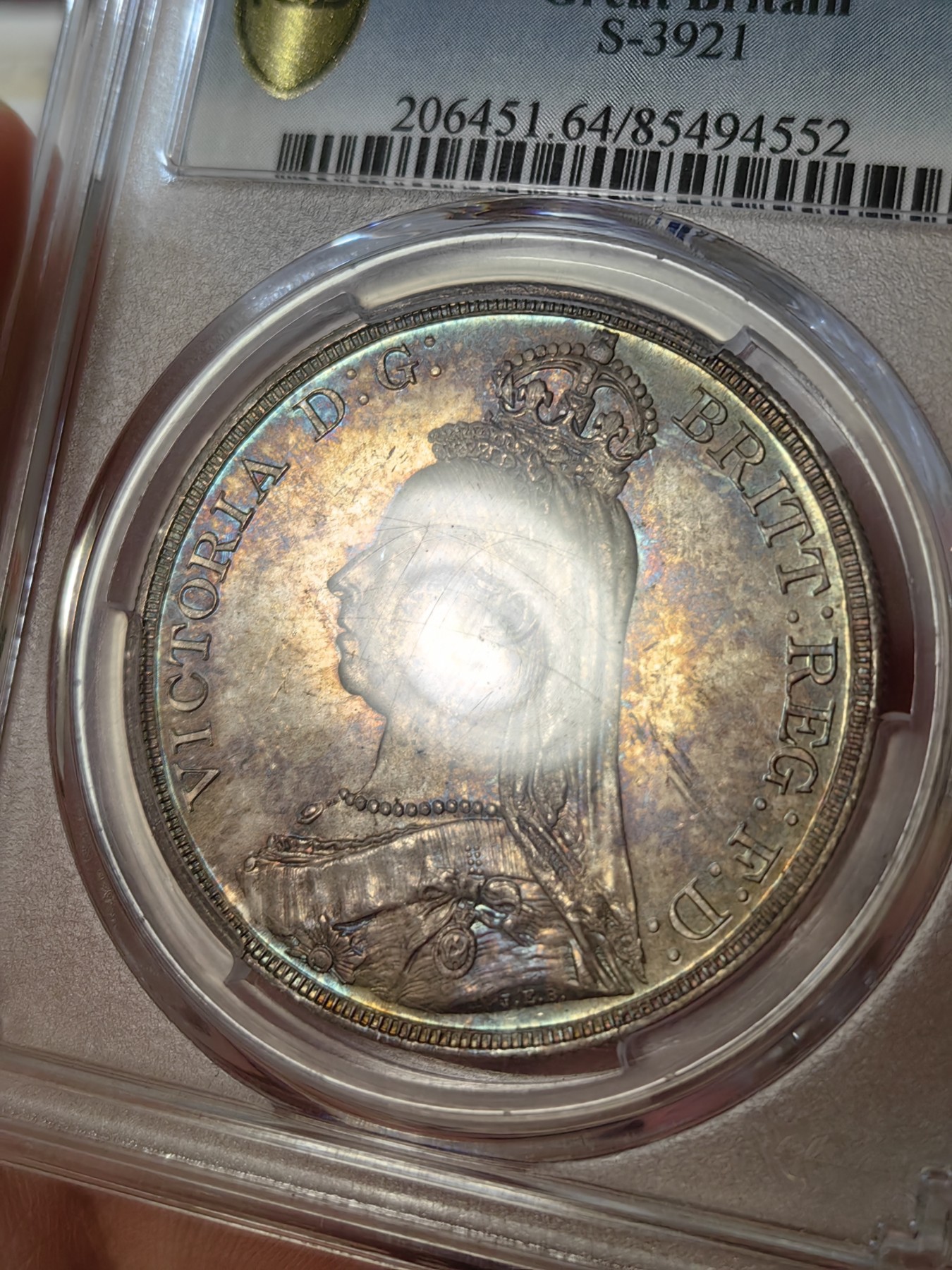 橡树集藏-006场 海纳百川 pcgs-ms64 1887年英国维多利亚高冠克朗马剑 经典品种 双面老包浆 彩虹点缀 实物状态一流
