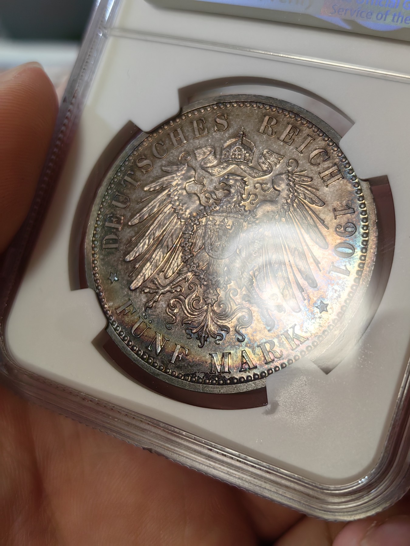 橡树集藏-006场 海纳百川 ngc-pf66 1901年普鲁士精制建国5马克，冠军分。铸造量稀少，顶级品。梦幻五彩，双面彩虹。实物美得一塌糊涂。状态为王，此枚无敌。