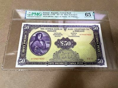 【Blue Auction】✨世界纸币精拍第343期——拉弗雷夫人  -  【01A千位小号】爱尔兰 1977年50镑 拉弗雷夫人 超大票幅 河神 PMG65EPQ 