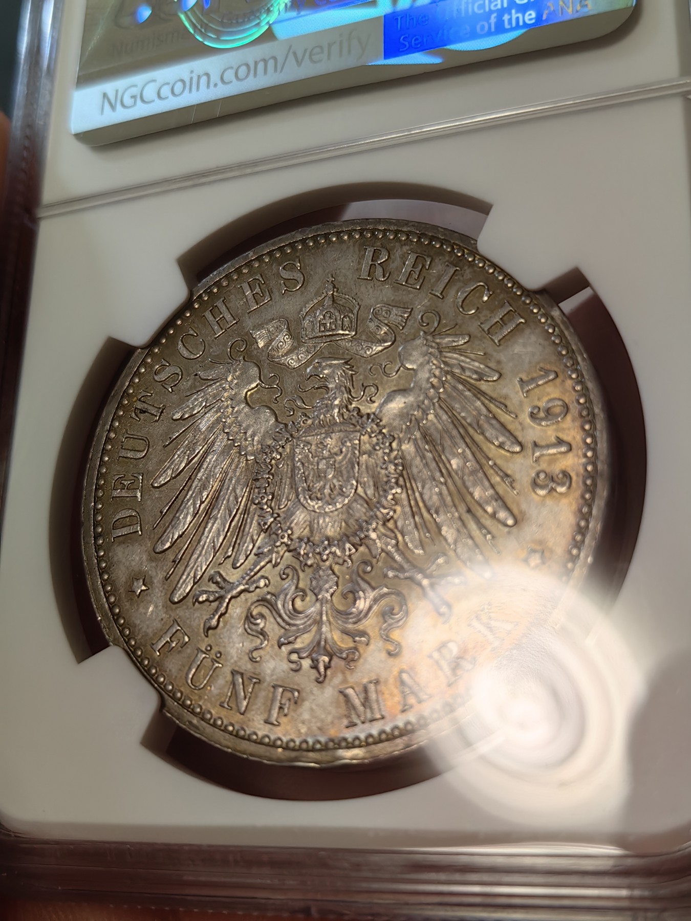橡树集藏-006场 海纳百川 NGC-MS63 1913年 德国汉堡双狮5马克 温润五彩包浆 沁人心脾 超强底板 严评 入手典藏佳品 