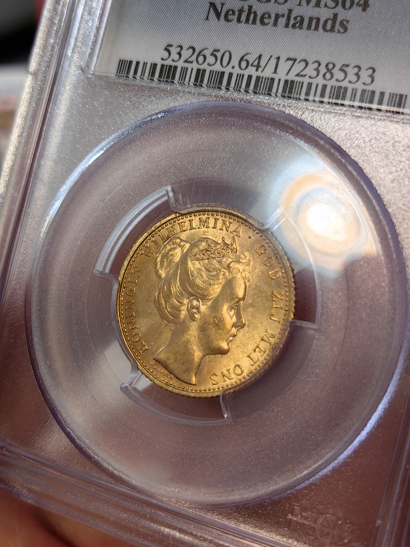 橡树集藏-006场 海纳百川 pcgs-ms64 1898年荷兰威廉明娜10盾金币 可爱的小萝莉 底板打制皆好 状态极佳  高分皇冠萝莉头 非常少见 金光四溢 自藏佳品