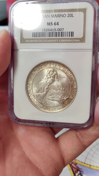 橡树集藏-006场 海纳百川 ngc-ms64 1932年圣马力诺20里拉大银币 环彩黄油包浆 双车轮顶级霜光 老盒严评品质保障 实物状态极佳