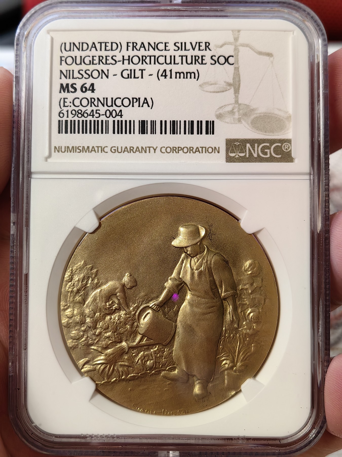 橡树集藏-006场 海纳百川 ngc-Ms64 1880年左右法国镀金银章 尼尔森园艺协会 大尺寸热门法章 正面是辛勤的园丁玫瑰花田 背面是五个小天使天女散花 可可爱爱 浮光掠影 金碧辉煌