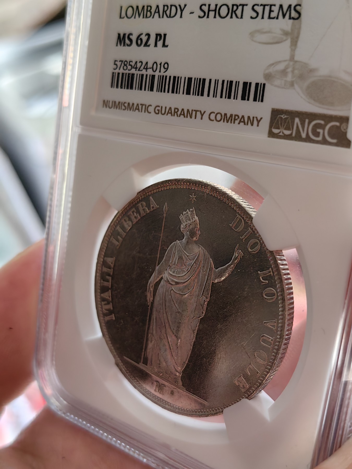 橡树集藏-006场 海纳百川 NGC-MS62pl 1848年意大利伦巴第5里拉，pcgs和ngc一共220个评级记录中唯一评到PL的一枚，唯一冠军分，可遇不可求 。实物精彩炫目，pl的魅力真是一绝。上帝呼唤自由之意大利，设计绝佳，单年版。