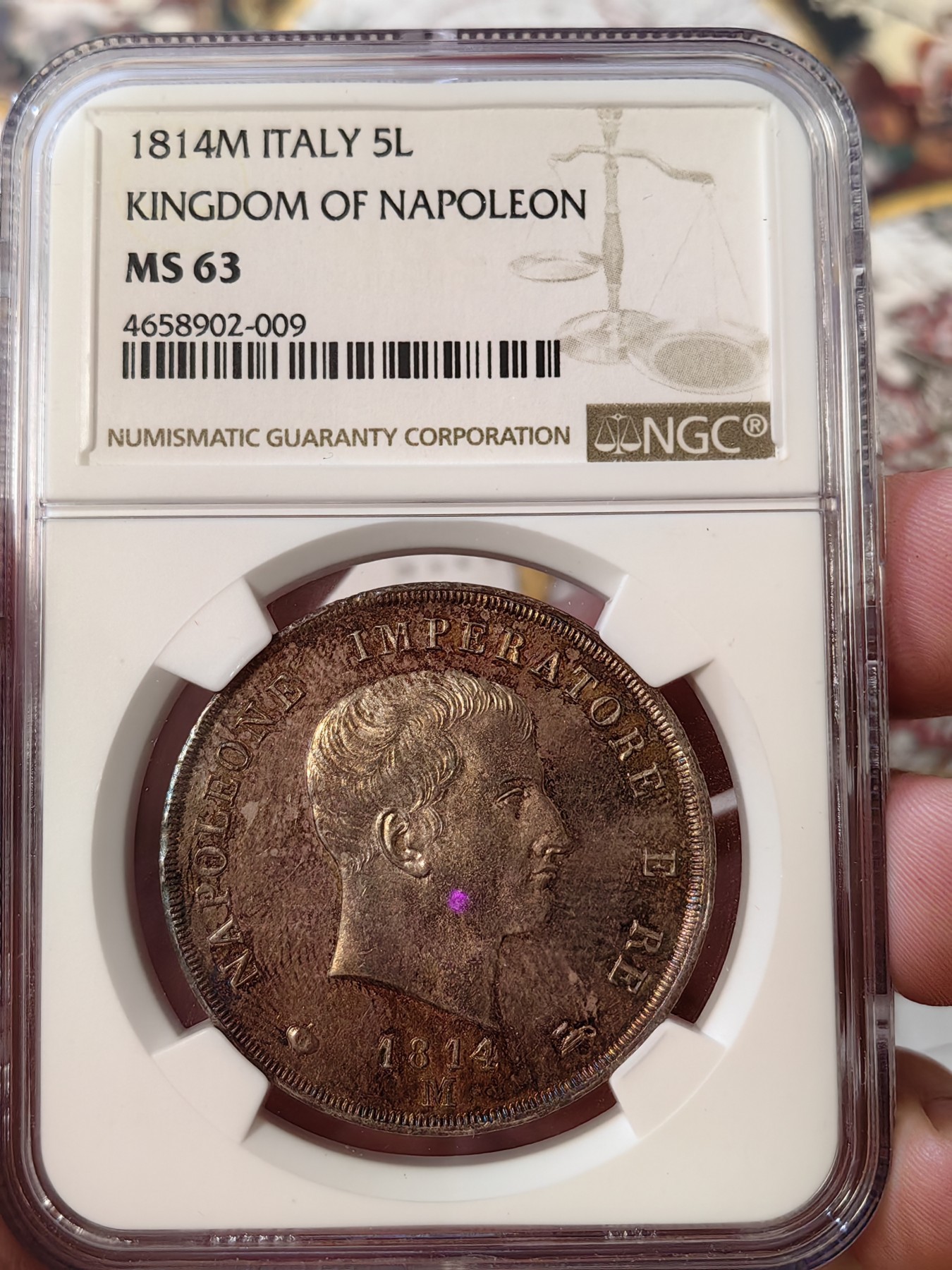 橡树集藏-006场 海纳百川 NGC-MS63 1814年意大利王国拿破仑5里拉大银币，万中无一的赤霞艳彩间中还有碧蓝点缀，背面帝国鹰徽加上类镜面底板霸气尽显。一代雄主，顶级设计。实物绝美，法系人不可错过的拿皇大银。