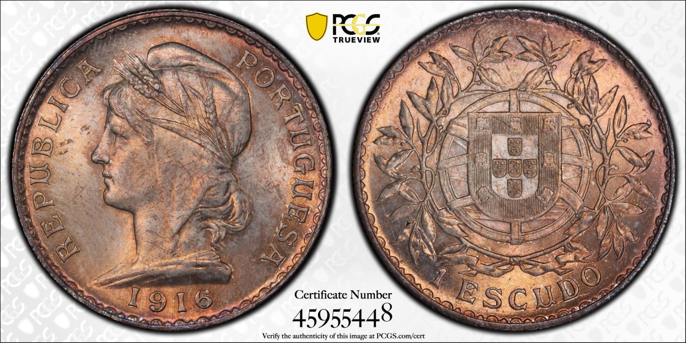 橡树集藏-006场 海纳百川 pcgs-Ms64 1916年葡萄牙埃斯库多大银币，谷物女神。数据库亚军分，仅仅一枚64+更高。官网广告币，双面顶级欧陆老彩浆，实物绝美。Salton Collection，名家旧藏。欧陆女神大银币，热门潜力股。
