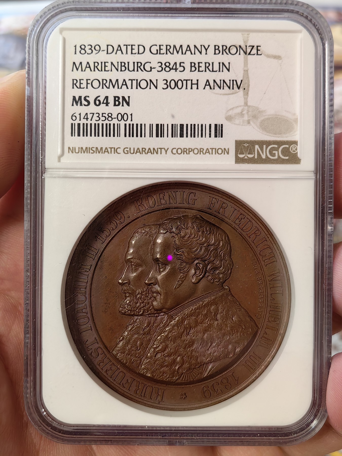 橡树集藏-006场 海纳百川 ngc-MS64BN 1839德国宗教改革300周年纪念章 巧克力包浆 超高浮雕加厚盒 雕刻细腻 背景画面感强