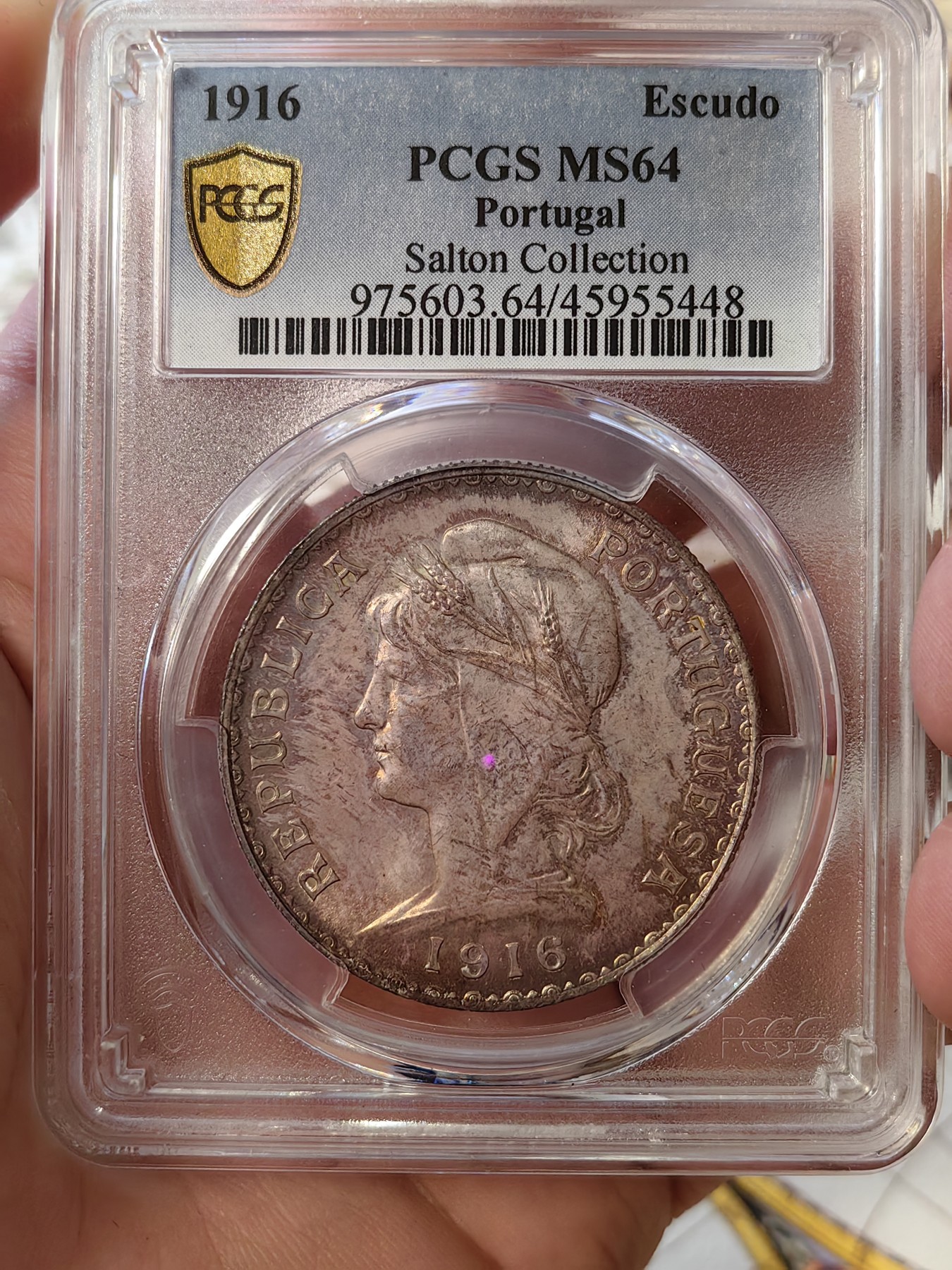 橡树集藏-006场 海纳百川 pcgs-Ms64 1916年葡萄牙埃斯库多大银币，谷物女神。数据库亚军分，仅仅一枚64+更高。官网广告币，双面顶级欧陆老彩浆，实物绝美。Salton Collection，名家旧藏。欧陆女神大银币，热门潜力股。