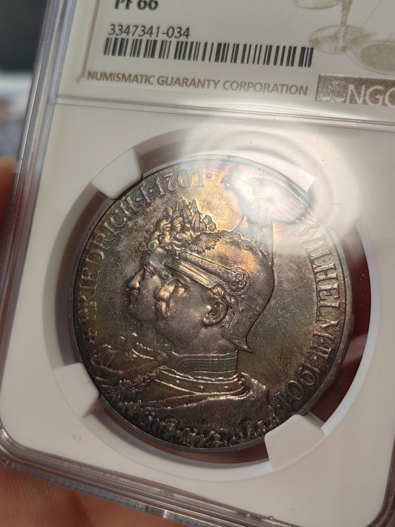 橡树集藏-006场 海纳百川 ngc-pf66 1901年普鲁士精制建国5马克，冠军分。铸造量稀少，顶级品。梦幻五彩，双面彩虹。实物美得一塌糊涂。状态为王，此枚无敌。