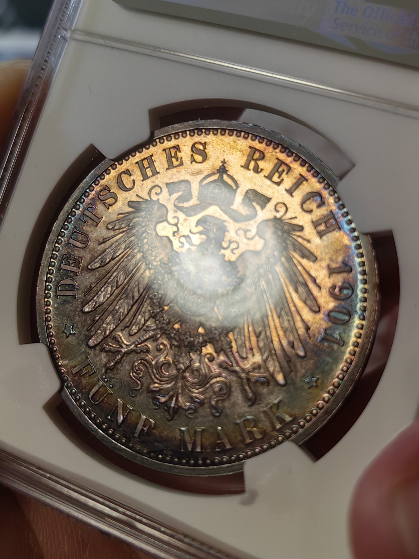 橡树集藏-006场 海纳百川 ngc-pf66 1901年普鲁士精制建国5马克，冠军分。铸造量稀少，顶级品。梦幻五彩，双面彩虹。实物美得一塌糊涂。状态为王，此枚无敌。