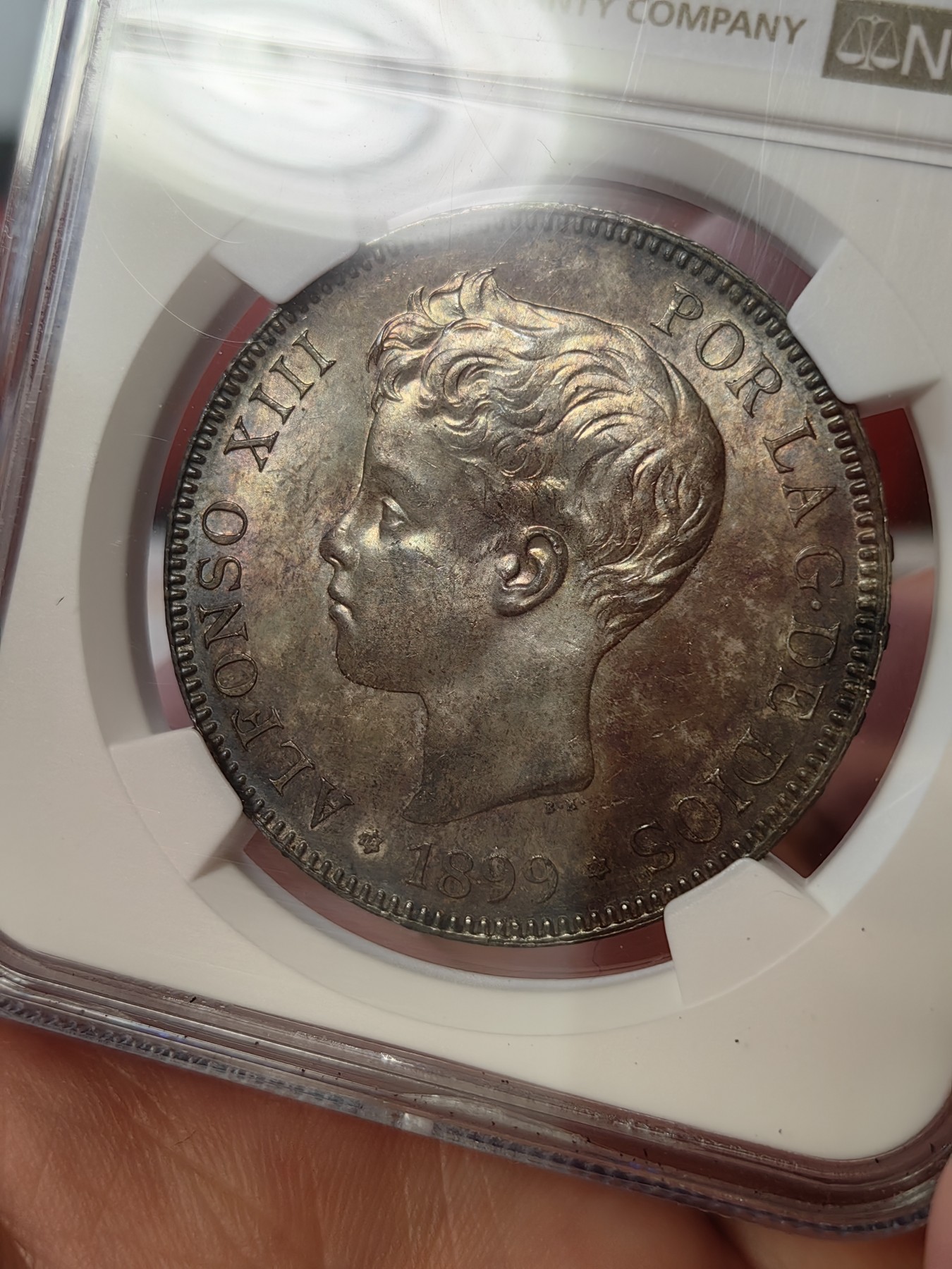 橡树集藏-006场 海纳百川 ngc-MS64 1899年 西班牙5比塞塔大银币 经典男童设计 海格力斯双柱 正面原味窖藏金彩  背面杏仁丝滑彩浆 顶级车轮光 打制优异底板佳 实物绝美