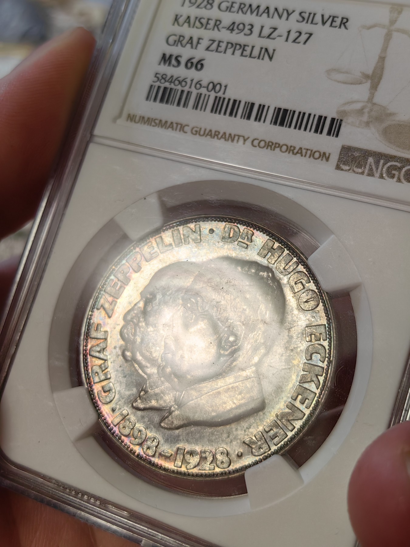 橡树集藏-006场 海纳百川 NGC-ms66 ,1928 齐柏林爵士纪念银章，顶级高分，镜面五彩。